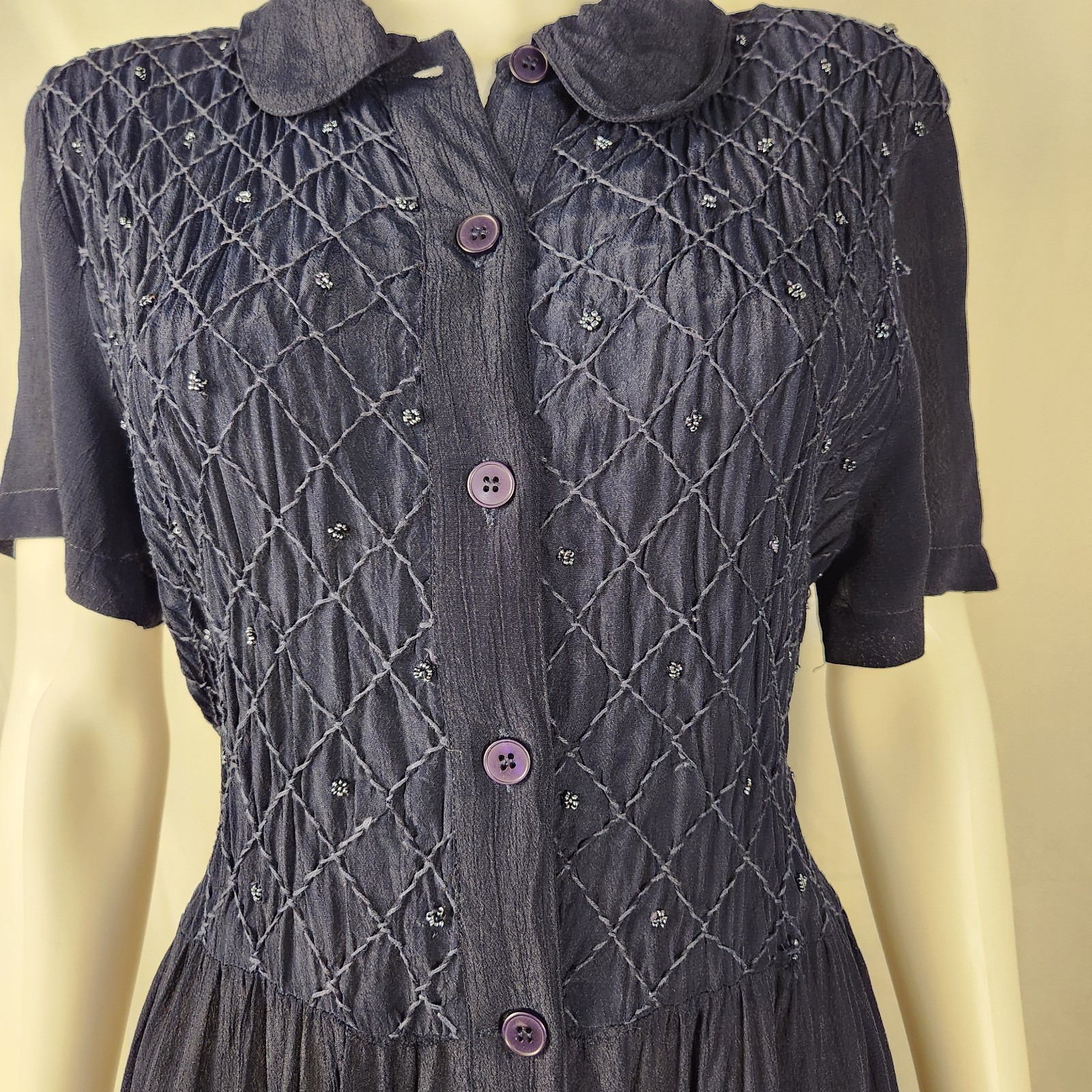 80s/90s Navy Nina Picallino Lattice Beaded Bodice Dress Classic/QuietLuxury M*