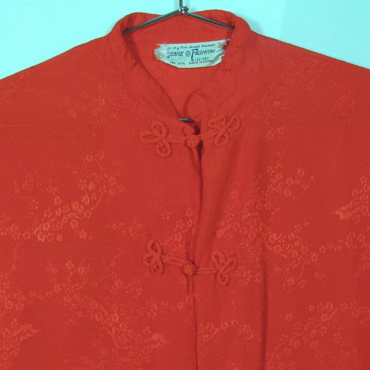 Japanese Blouse Top Shirt Traditional Mandarin Collar Covered Buttons Red Size S
