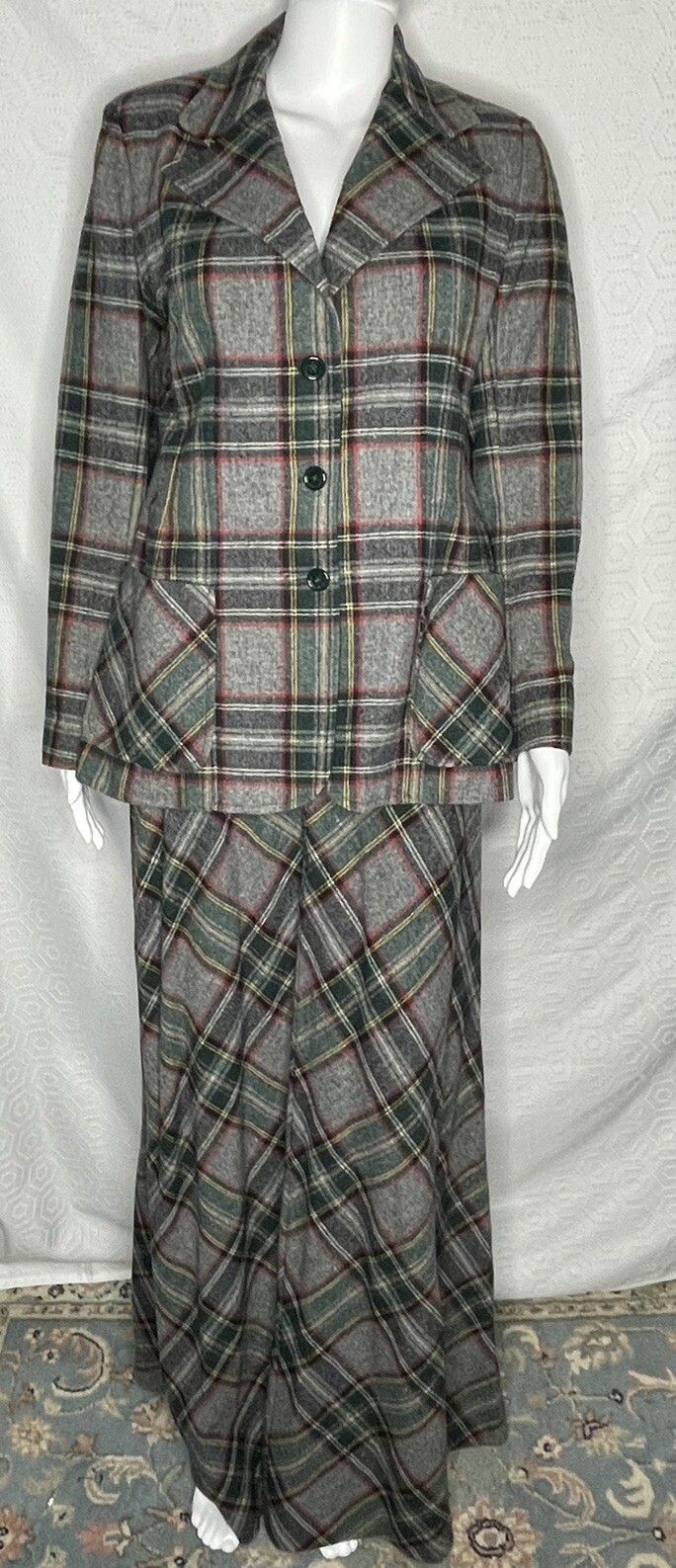 Vintage 70s Maxi Skirt Blazer Suit Wool Plaid 9/10 Wide Lapels Gray Green Red JH