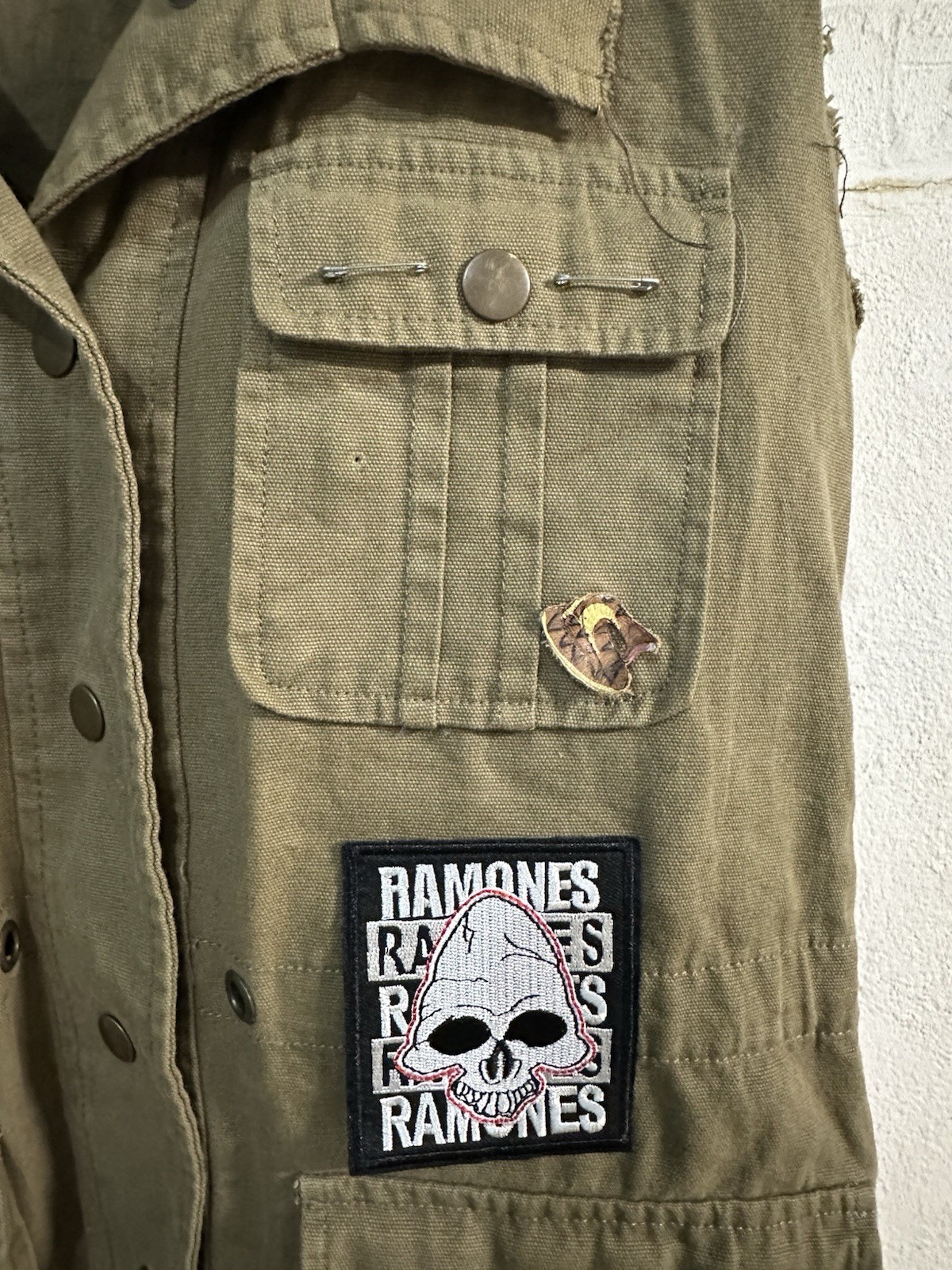 Ramones Rancid Khaki Utility Vest Patches Safety Pins Added Punk Clothes