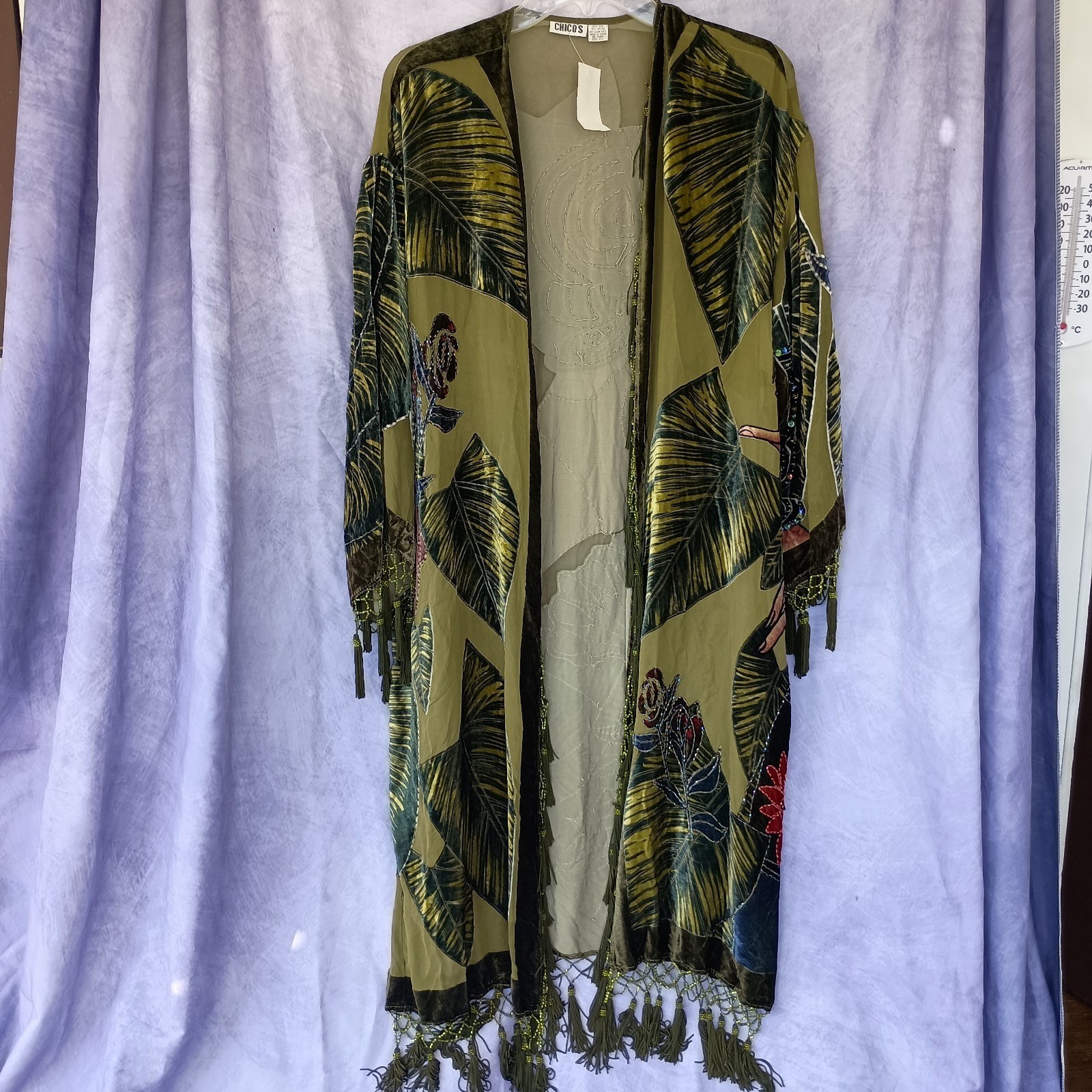Chico’s Vintage Olive Silk Velvet Burnout Tassel Beaded Kimono