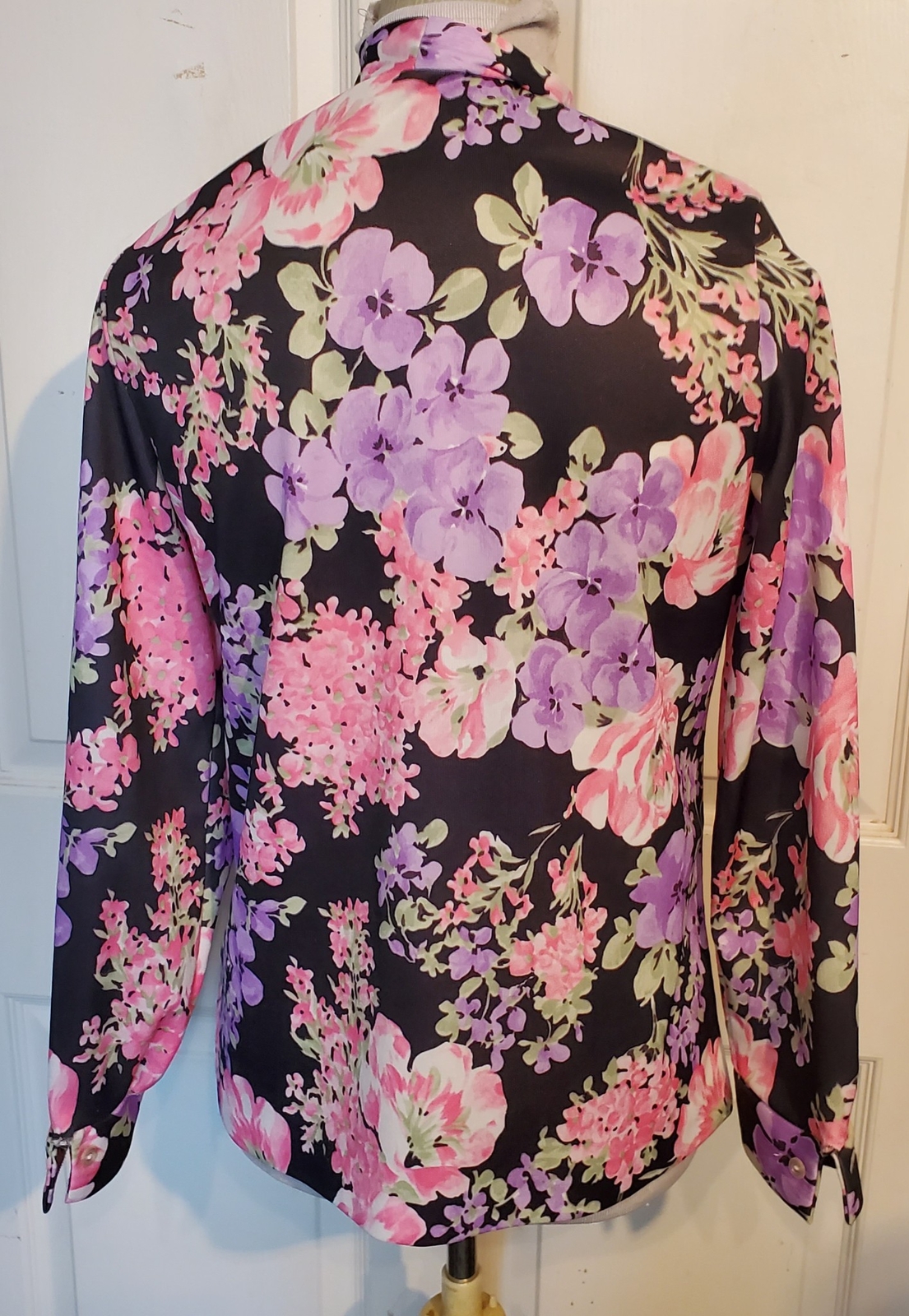 Vintage 70s Pink Purple Black Polyester Knit Blouse Tie NPC Fashions B38