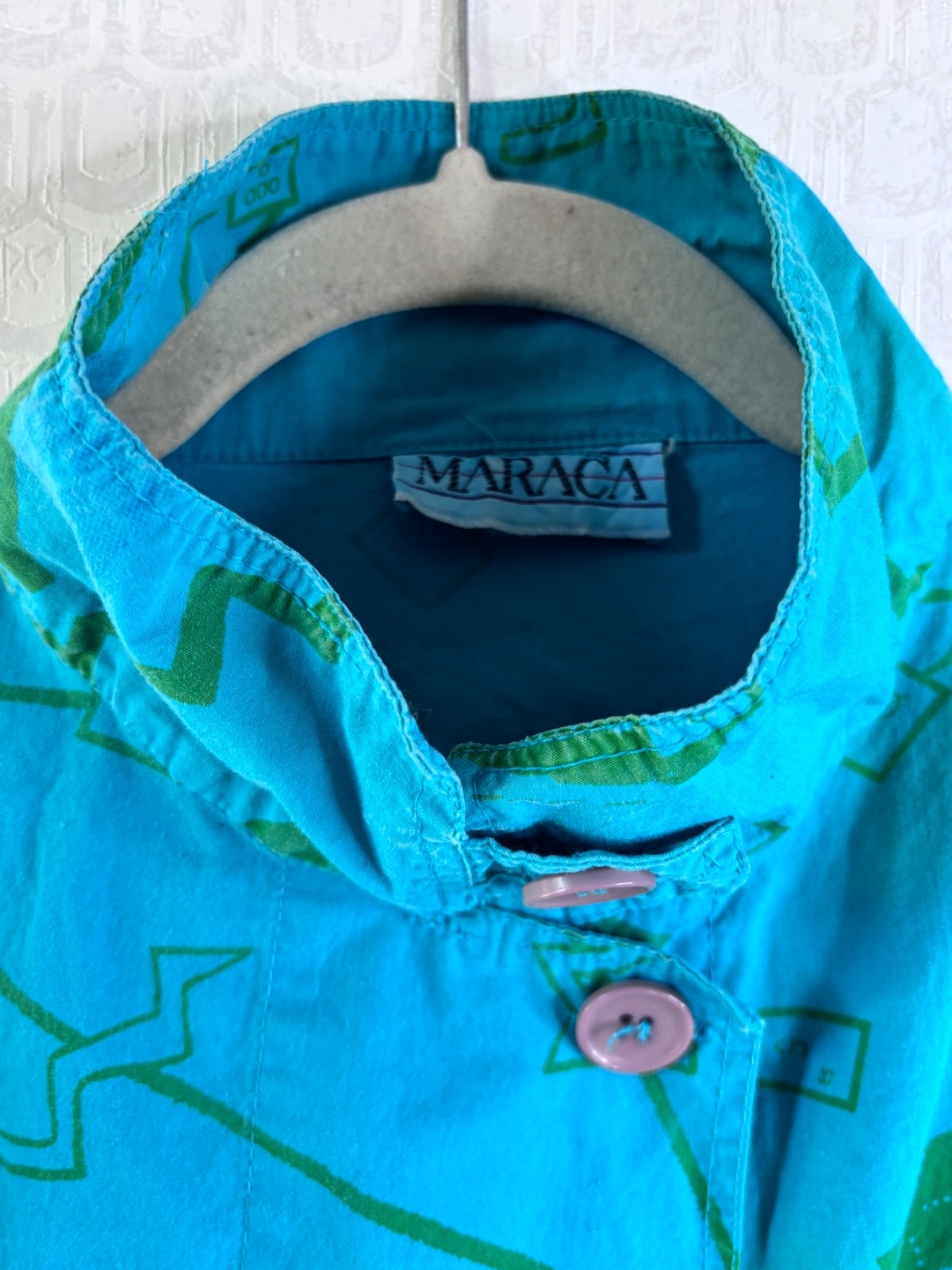 VTG MARACA TURQUOISE BLUE ABSTRACT GRAPHIC PRINT COTTON KAFTAN DRESS*ONE SIZE
