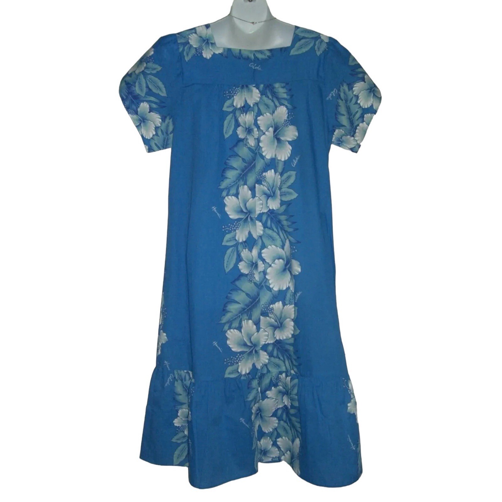 Vintage 80’s Kalena Fashions Of Hawaii Dress Flower Blue MuMu Hibiscus Vacation