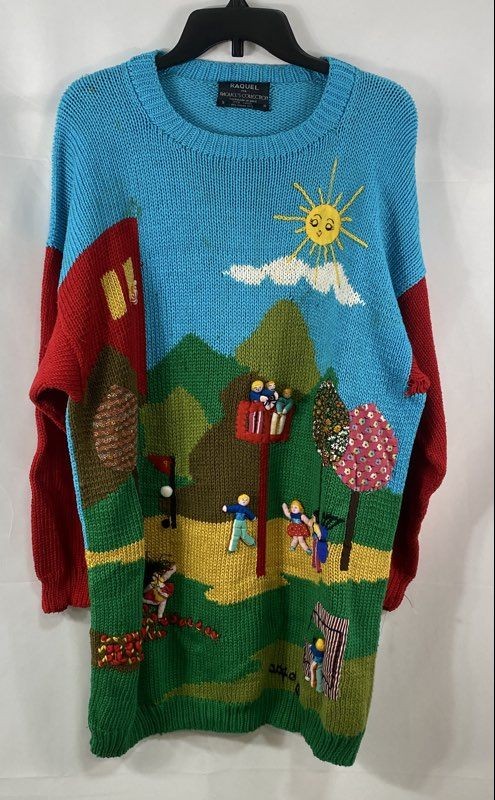 Vintage 90s Raquel’s Collection Women’s Landscape 3D Applique Cotton Sweater S
