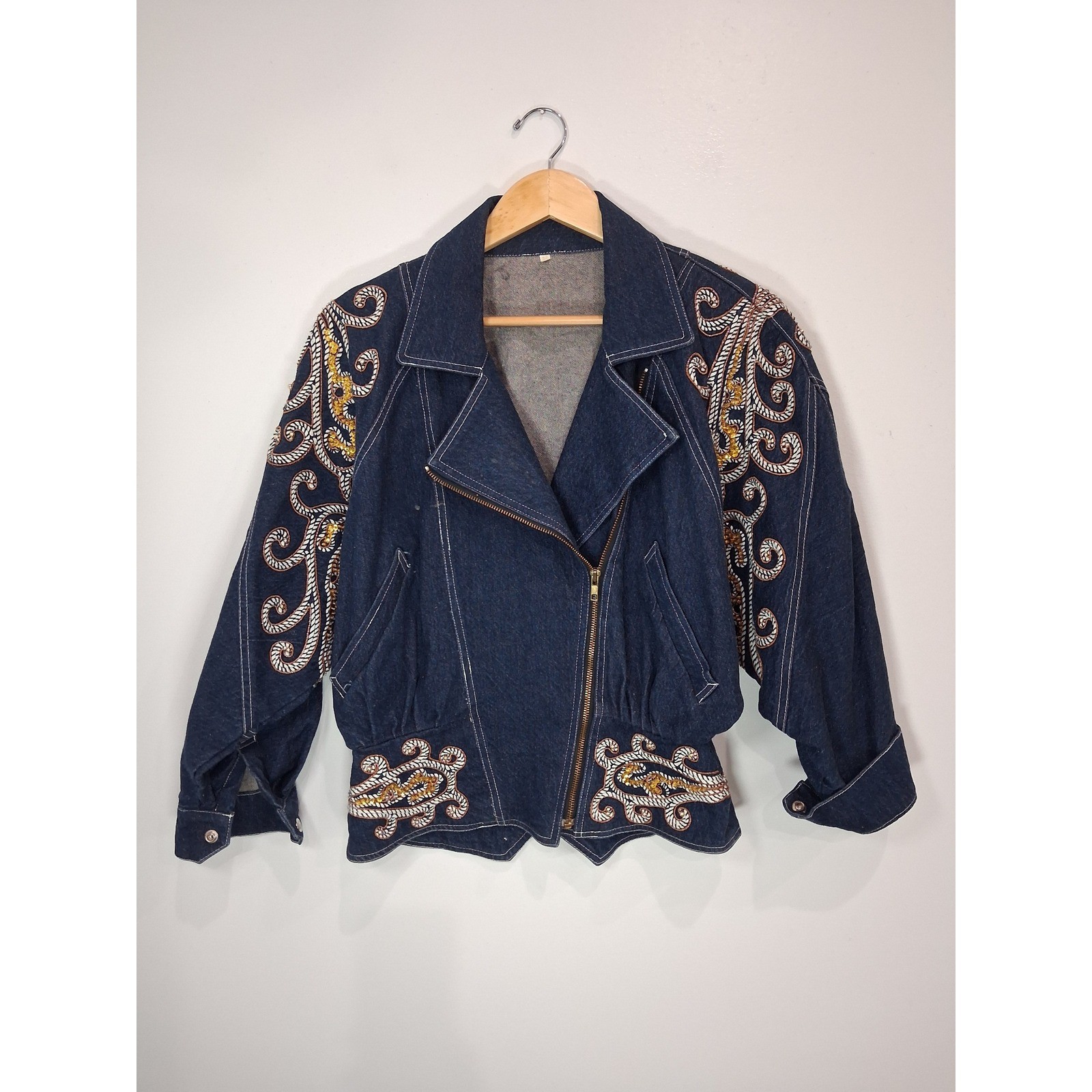 Vintage 80s Denim Moto Jacket Soutache Sequin Paisley Batwing Dark Wash Blue