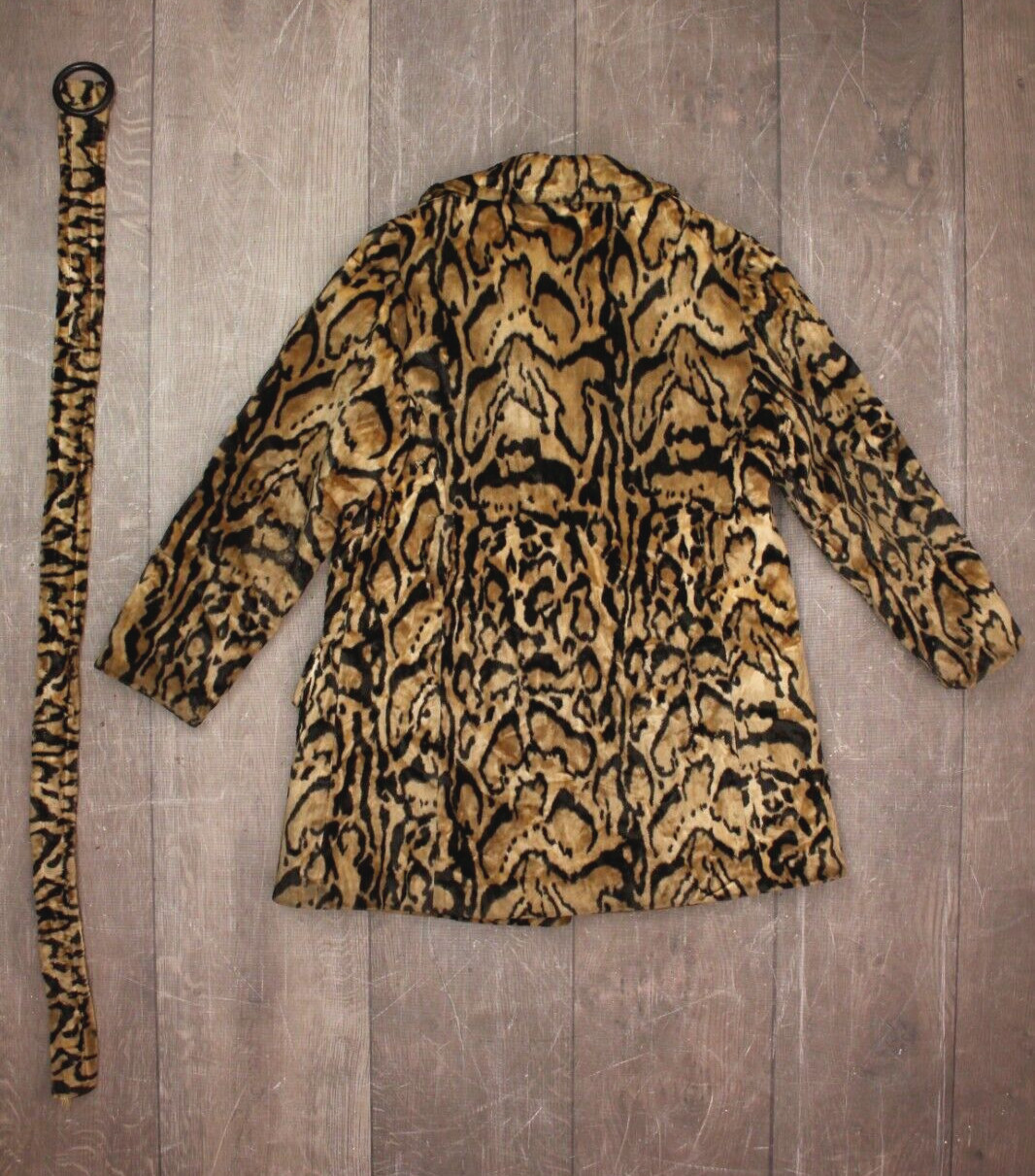 VTG Women’s 60s Jaguar Print Velvet Coat W/ Large Pockets & Belt Sz M/L 1960s