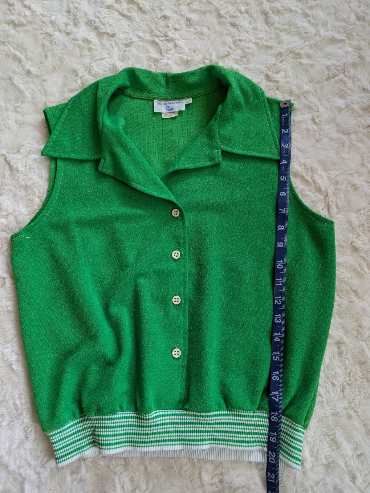Vintage 60s Sears Polyester Double Knit Button Collar Sleeveless Top Cinch Waist