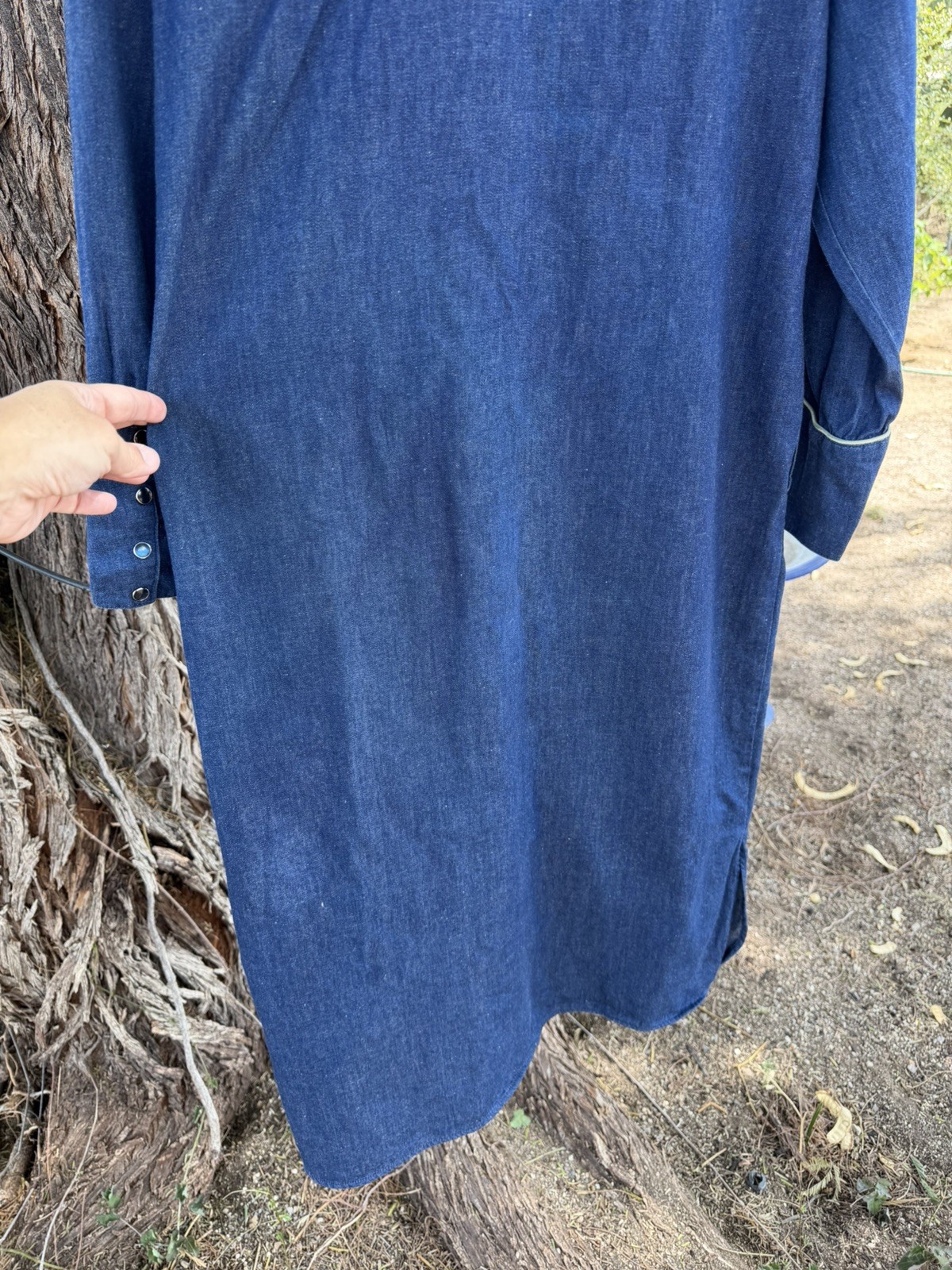 Vtg 70s Salaminder Kansas City Western Dress RARE Pearl Snap Flowers Blue Denim