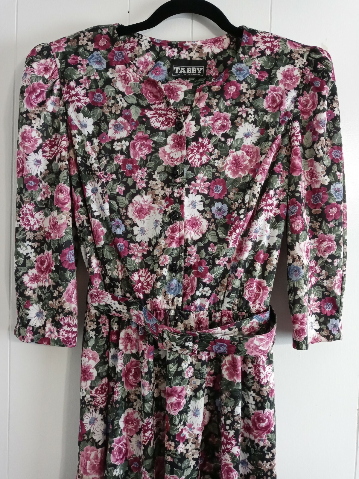 VTG 80s Tabby of California Purple Dark Floral Dress S Puff Sleeve Elastic Waist