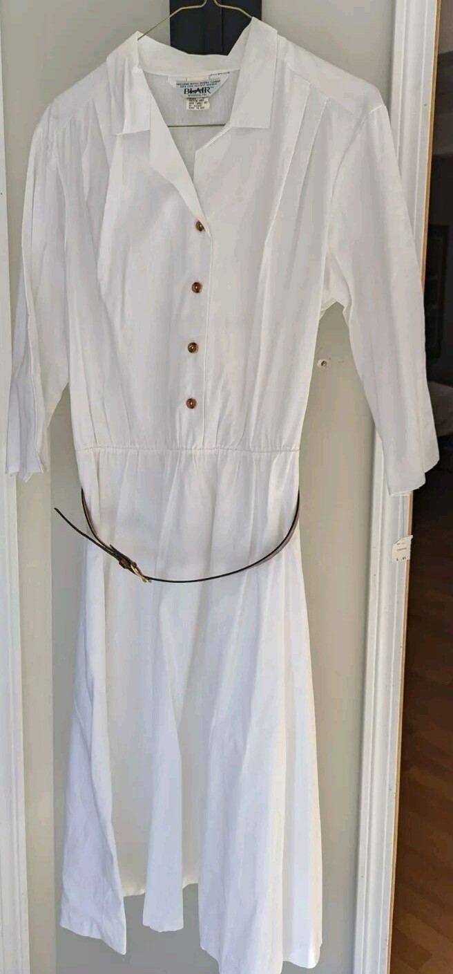 Vintage 60’s 70’s Blair Size 14 White Dress Warren PA, Wood Buttons Belted, New!