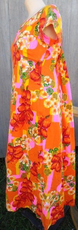 LN VTG 60s Orange Pink Yellow Floral Hawaiian Cotton Dress Penneys Beach Dress