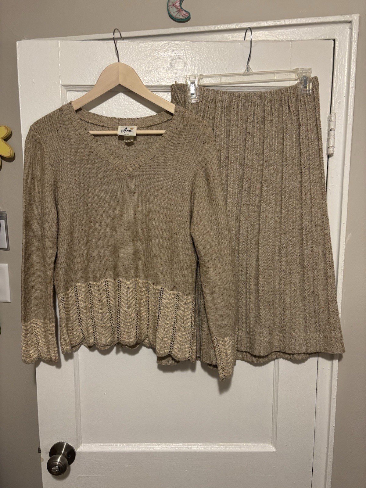 VTG 70s Ami Sweater Skirt Set Midi Knit Boho Cottage Grandma Flax Large Tan