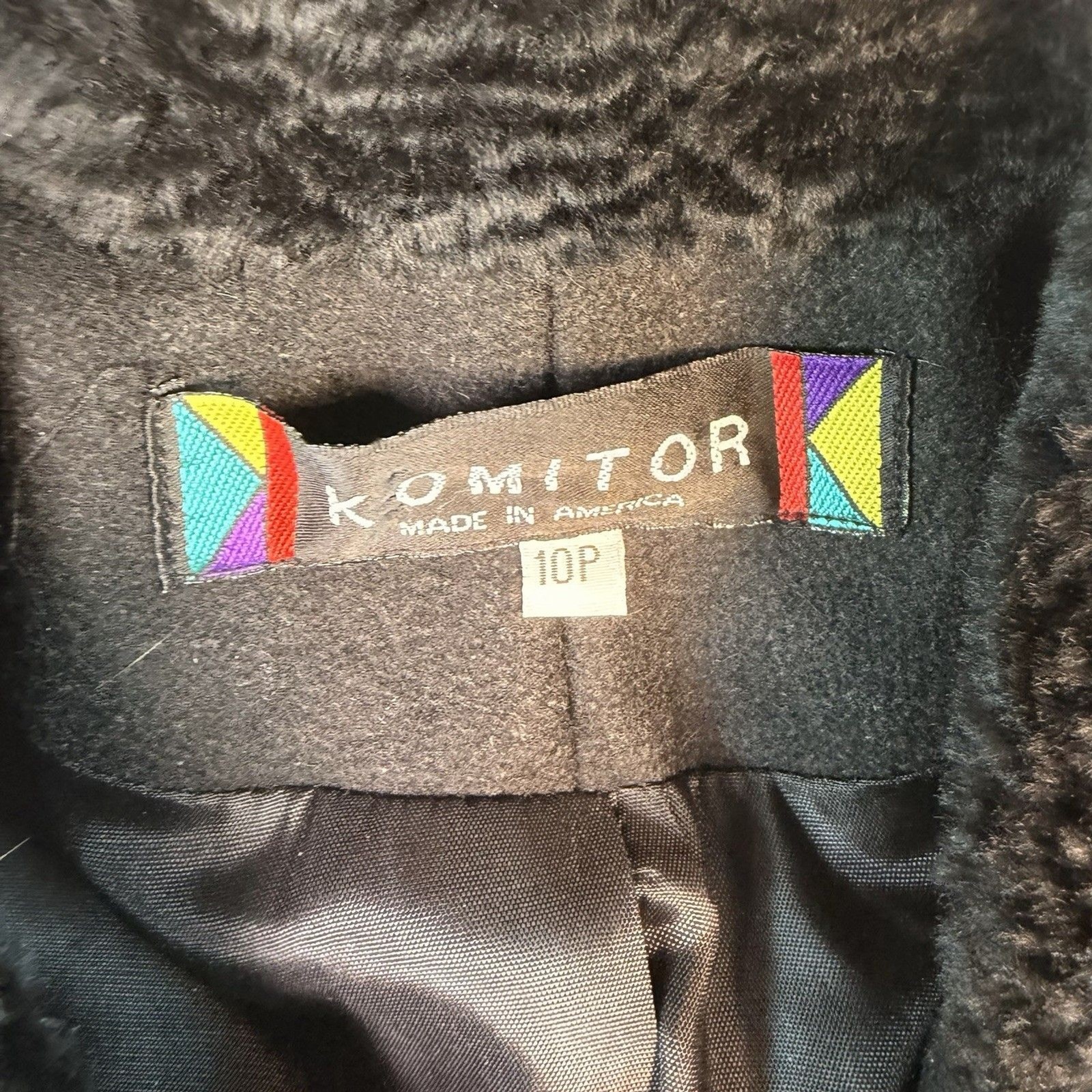 Komitor Stunning Women’s 10P Black Wool Faux Fur Trim Warm Coat Made in USA