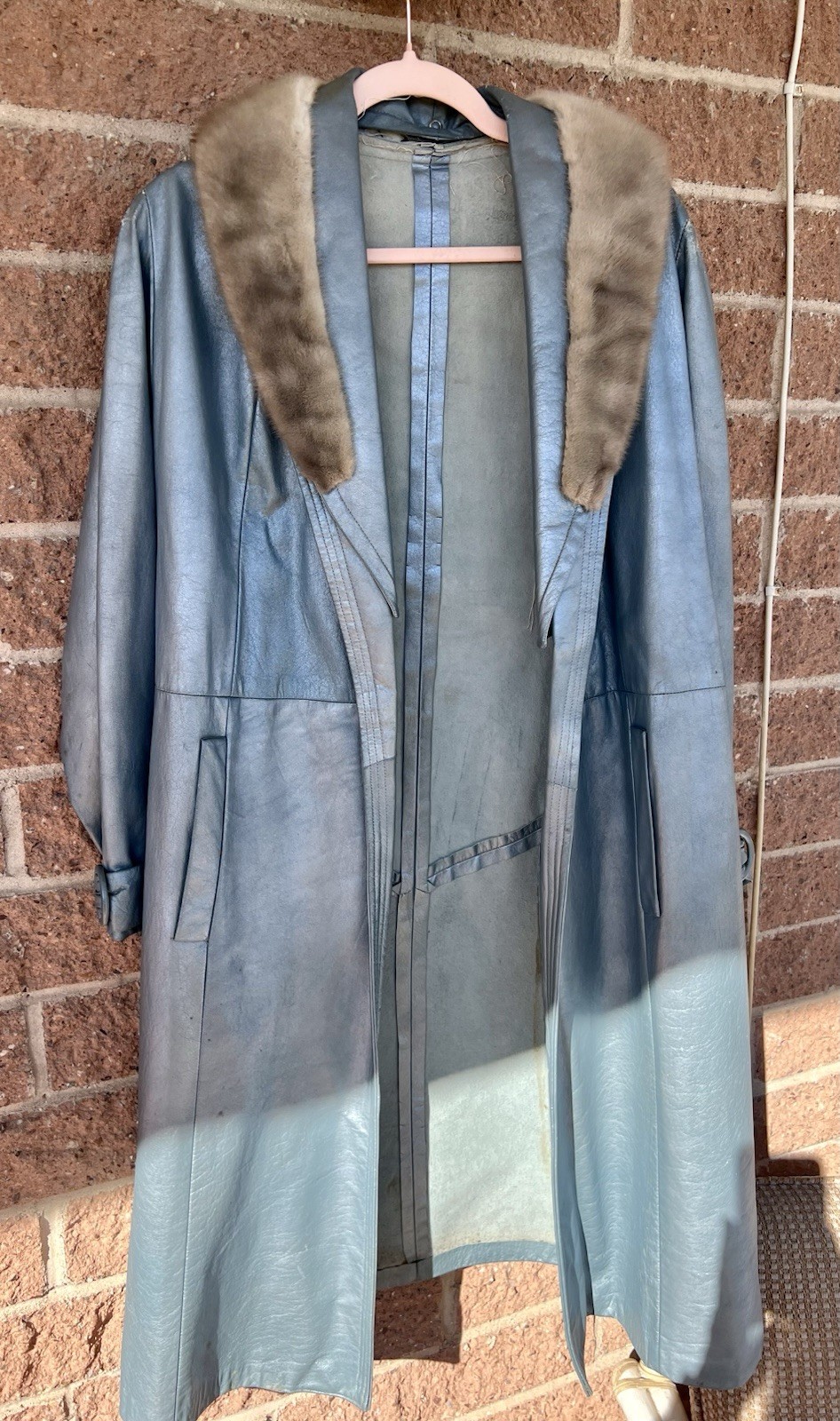 Vintage Shiny Blue Leather Coat w/ Fur Collar – No Lining or Brand, Still Sweet