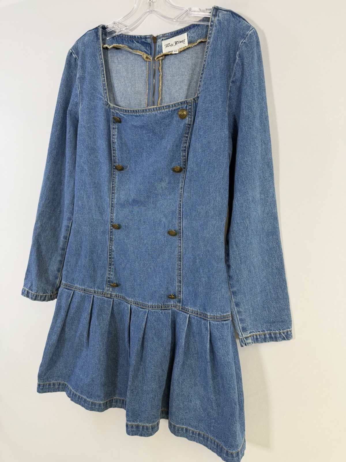 Vtg 90s Paris Blues Denim Dress Pleated Detail Skirt Button Sz 11 USA Grudge