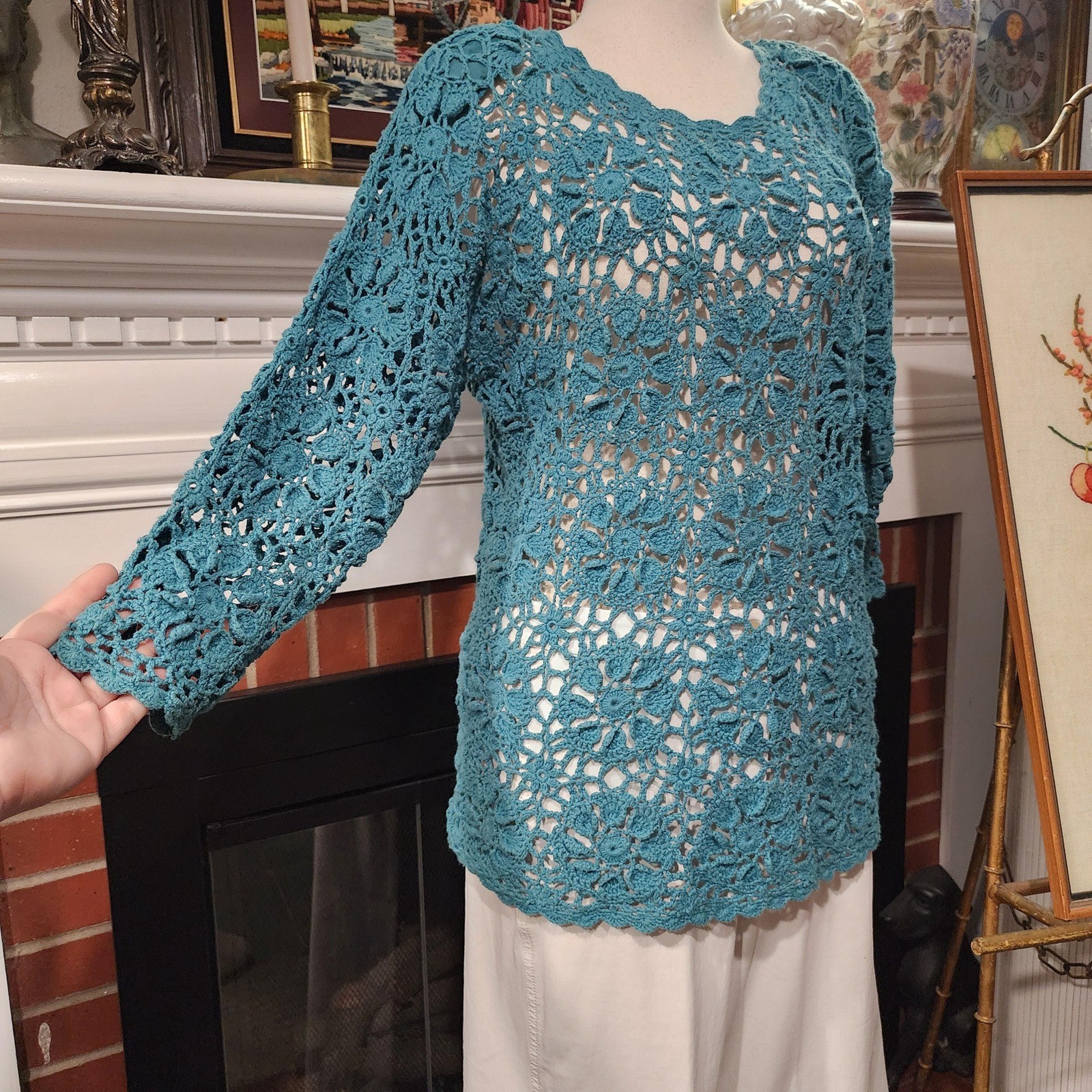 Forenza Vintage 80s Teal Crochet Tunic Lacy Openwork Floral Top Womens Medium