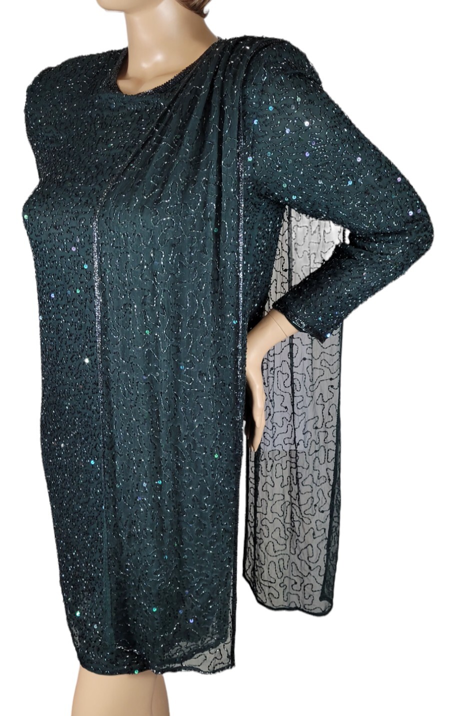 Vintage Judith Ann Creations Hunter Green Beaded Sequin Cocktail Evening Dress L