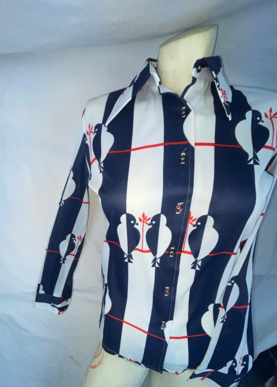 VTG 60S 70S WOMENS S BIRDS STRIPE BUTTON RETRO DISCO TRISSI SHIRT