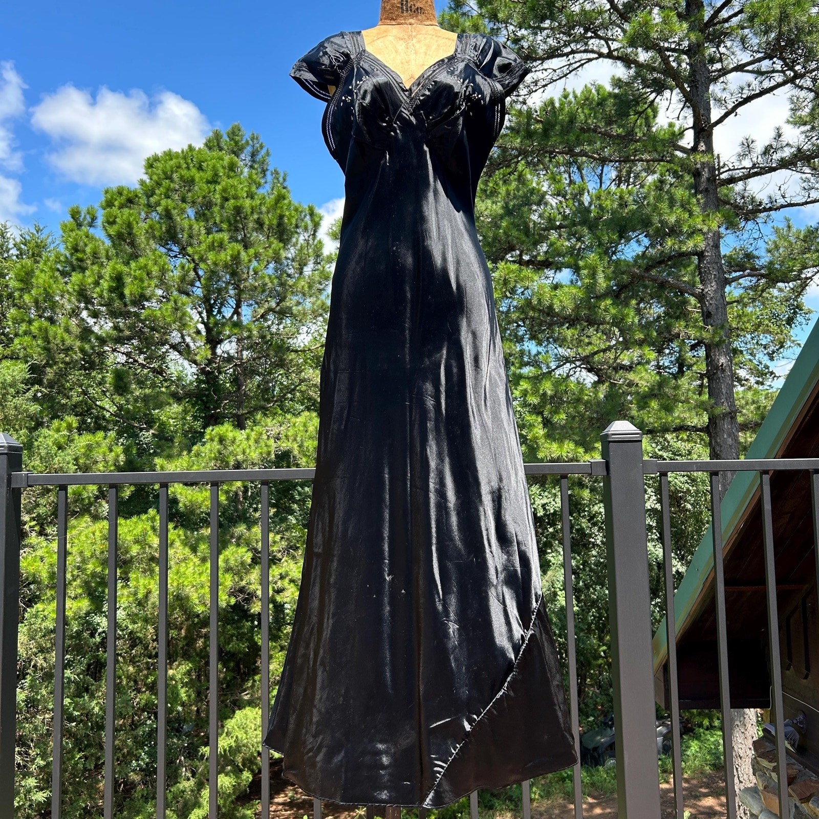 Vintage 30s Black Liquid Satin Embroidered Bias Cut Negligee Maxi Slip Dress S