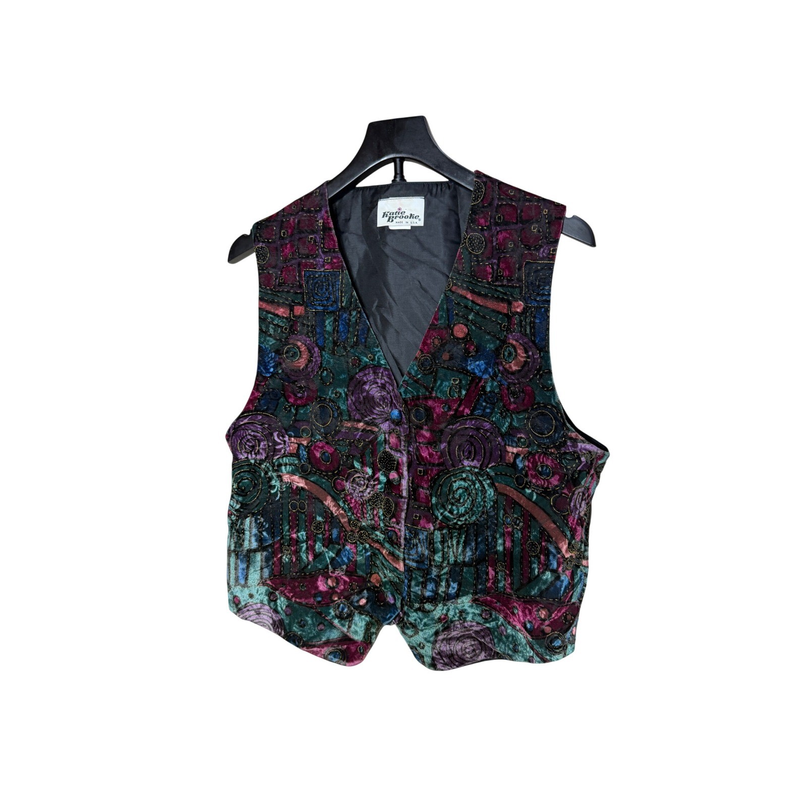 Vintage Katie Brooke Velvet Abstract Geometric Vest Multicolor Size 12 Made USA