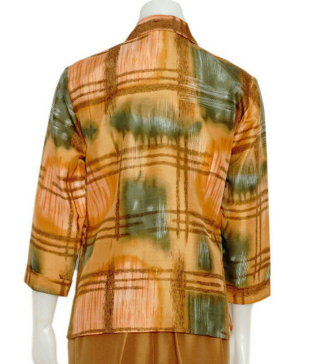 Retro Silk Blouse and Pant Set, Gold and Olive Green Print 2 Piece Size 6