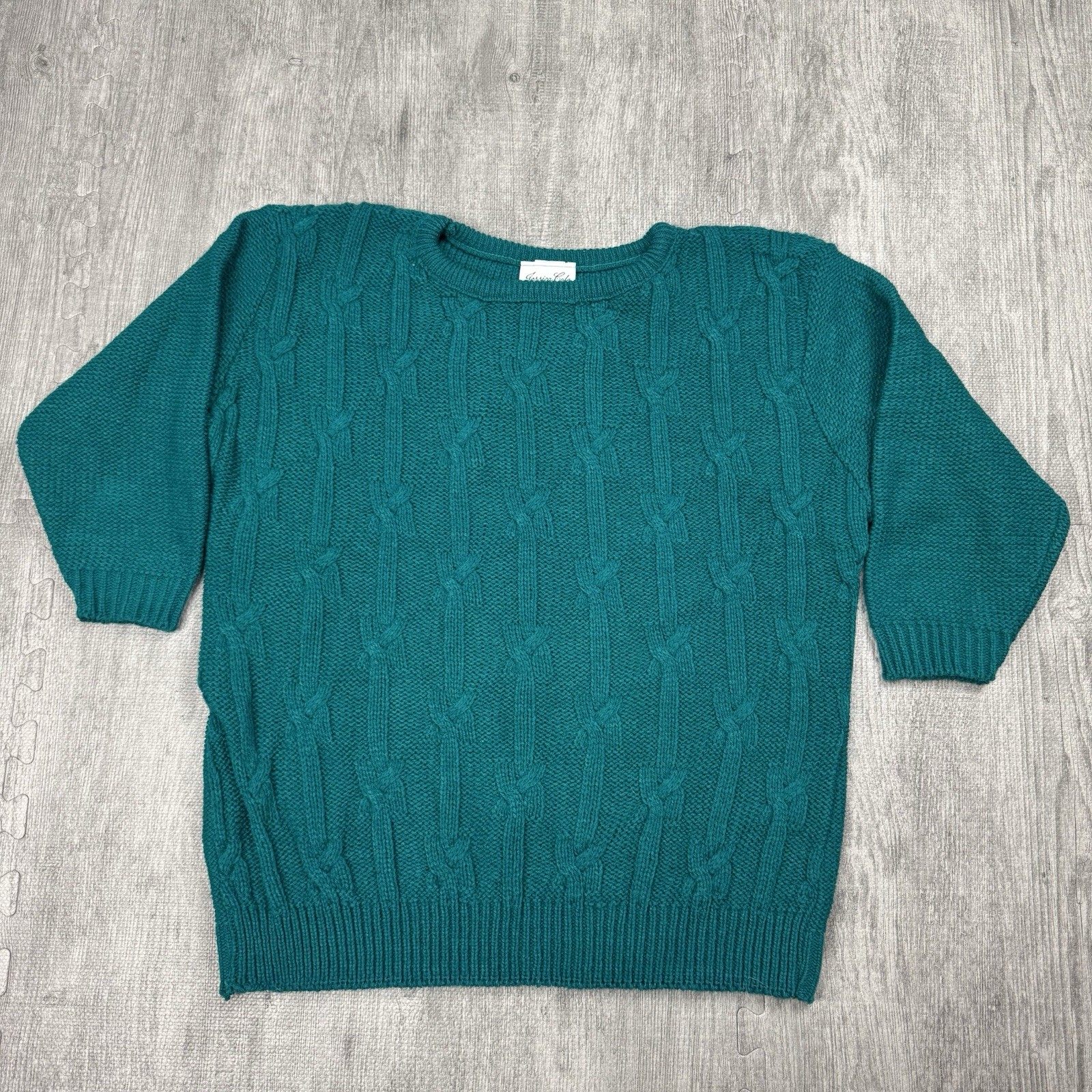 VTG 80S JESSICA COLE ELEGANT CABLE KNIT 3/4 SLEEVE USA ACRYLIC SWEATER TEAL L