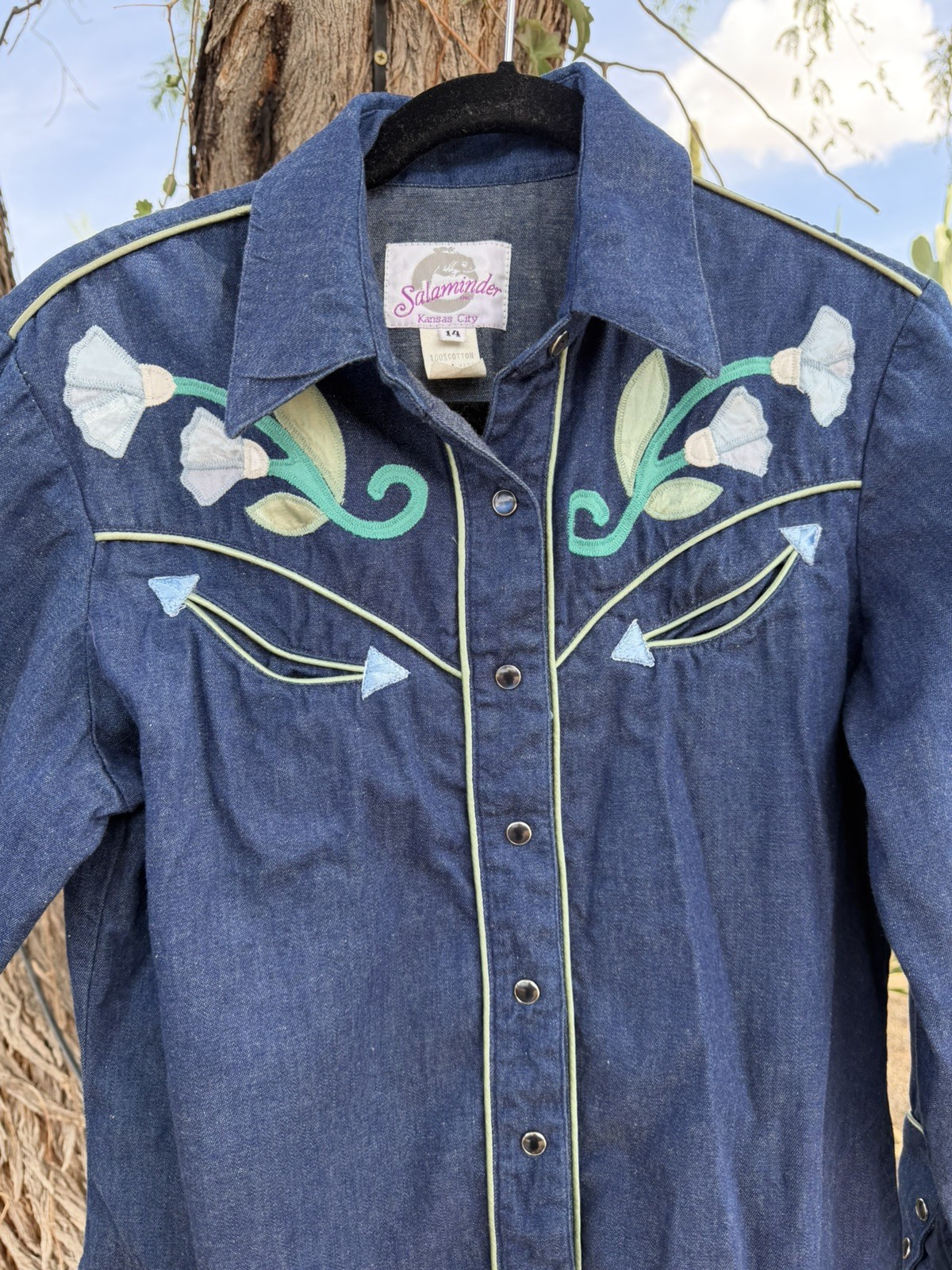 Vtg 70s Salaminder Kansas City Western Dress RARE Pearl Snap Flowers Blue Denim