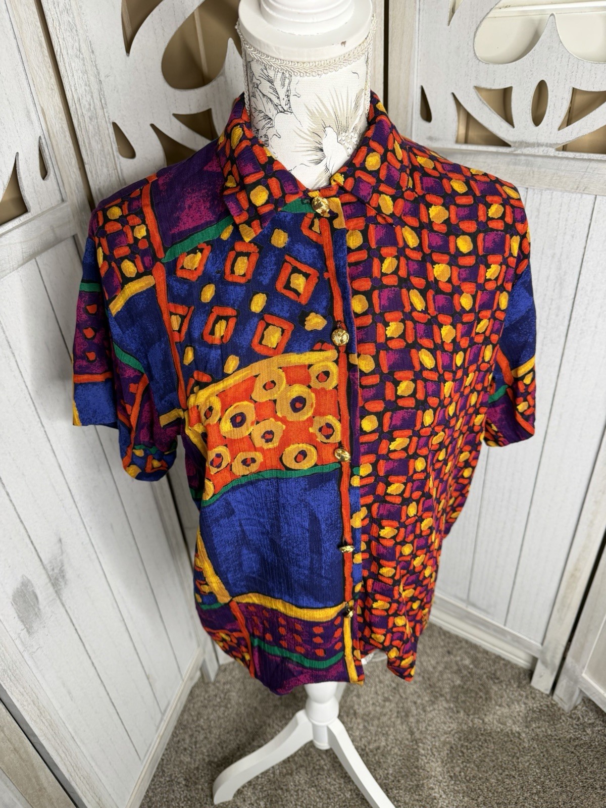 Vintage Button Down Top Funky Colors USA 80s 90s Artsy Hippie Indie Sz Medium