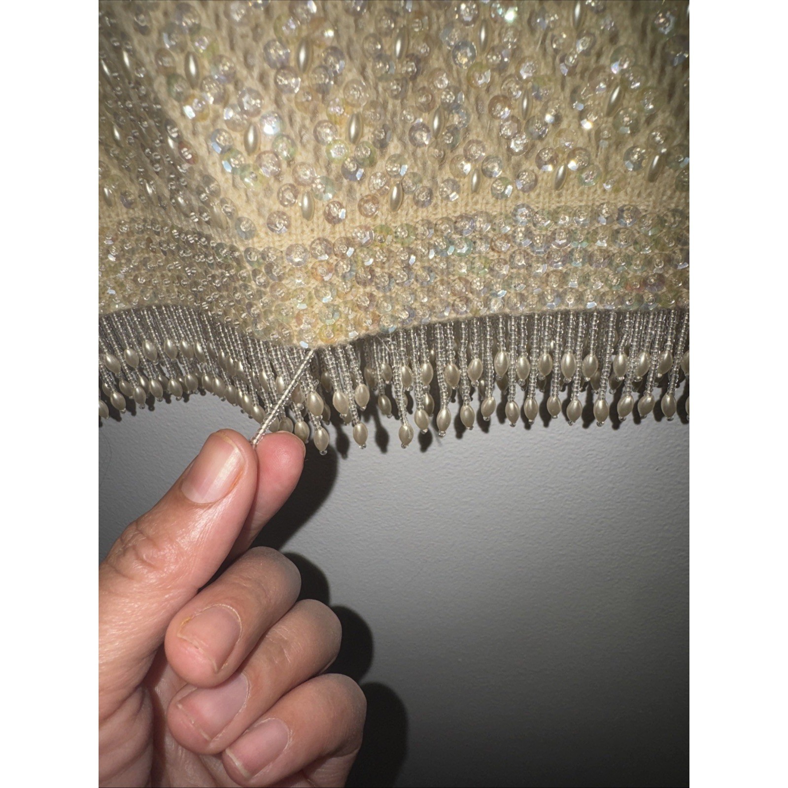 Vintage Beaded Sequin Knit Tank Top Cream Champagne Pearl Fringe Shell L