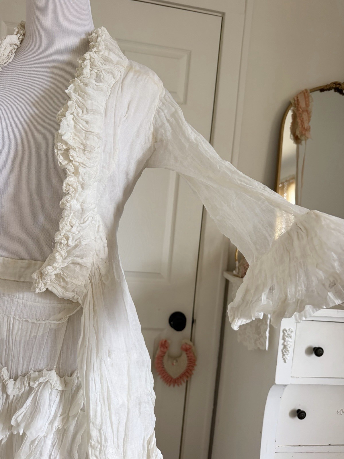 Antique 1880s Victorian White Bustle Ensemble with Jacket Bodice & Ruffle Skirt