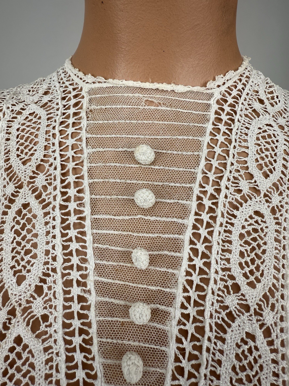 Antique Edwardian White Silk Net Cotton Crochet Blouse Ruffles Wounded BirdAS IS