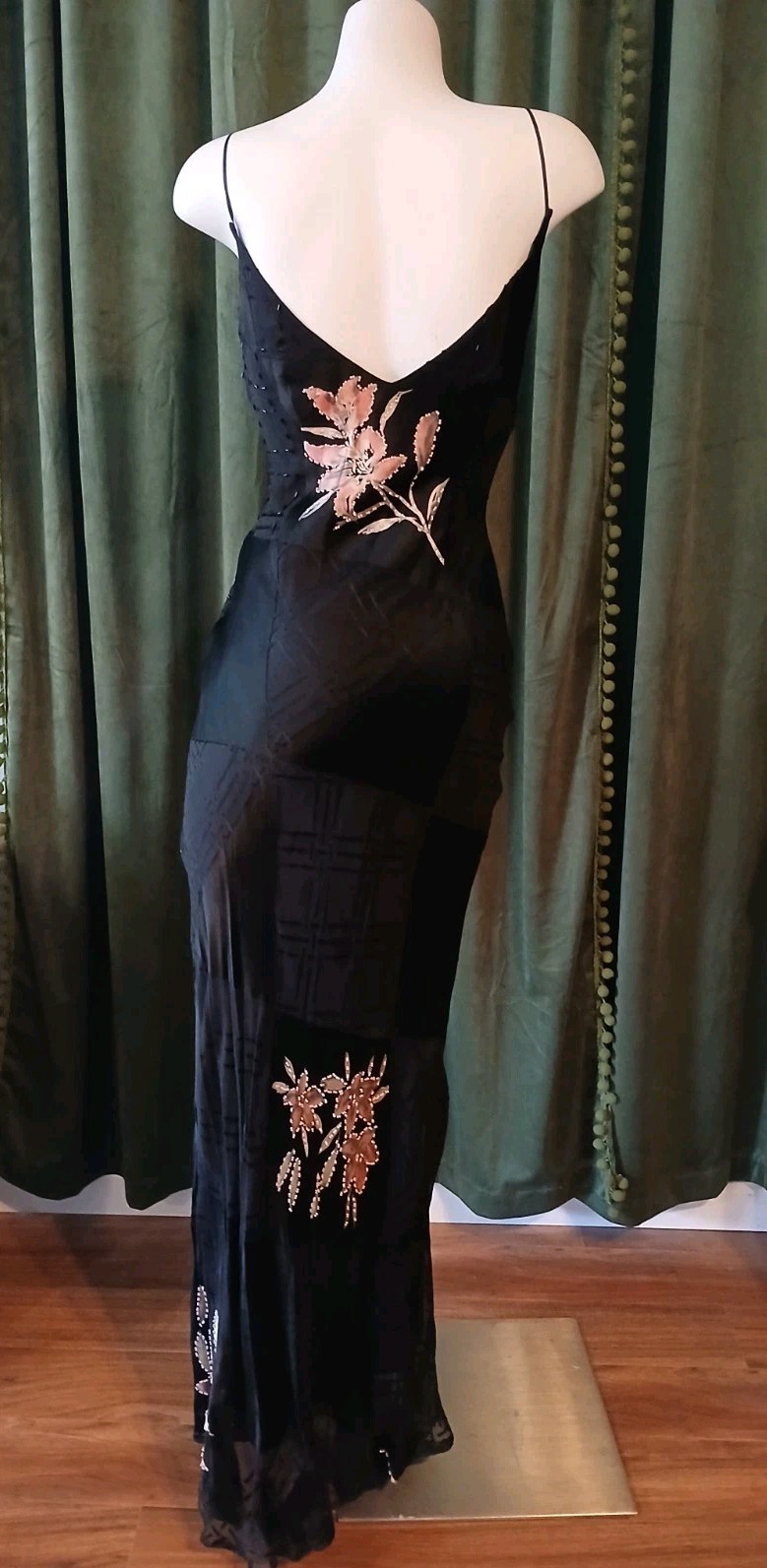 Vintage 90s L’Pogee Black Silk Rayon Floral Beaded Bias Cut Slip Gown Dress 8