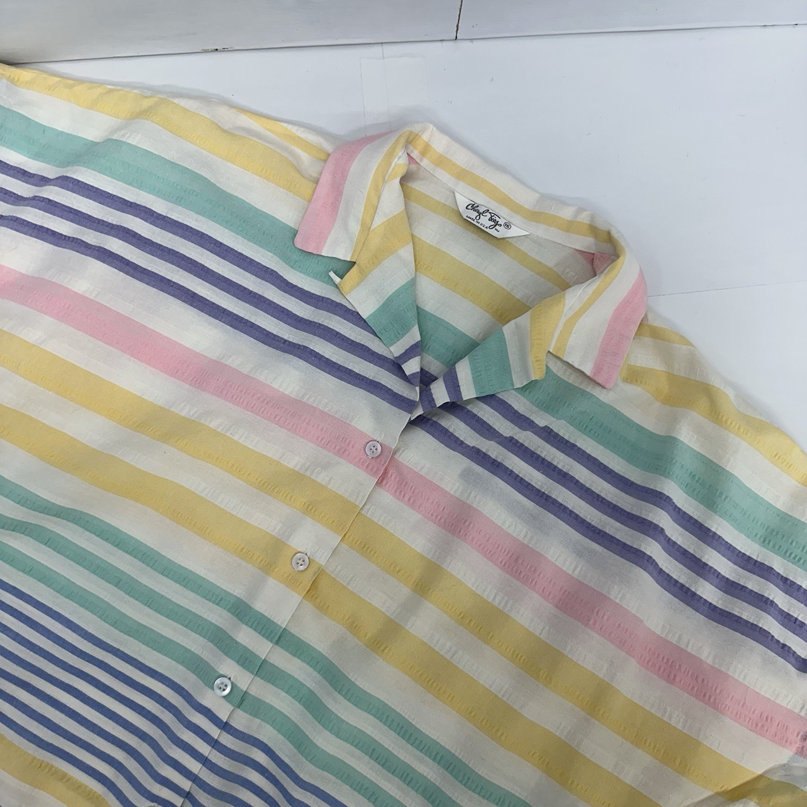 Cheryl Tiegs VTG Womans Pastel Striped Short Sleeve Button Up Shirt USA 16 READ