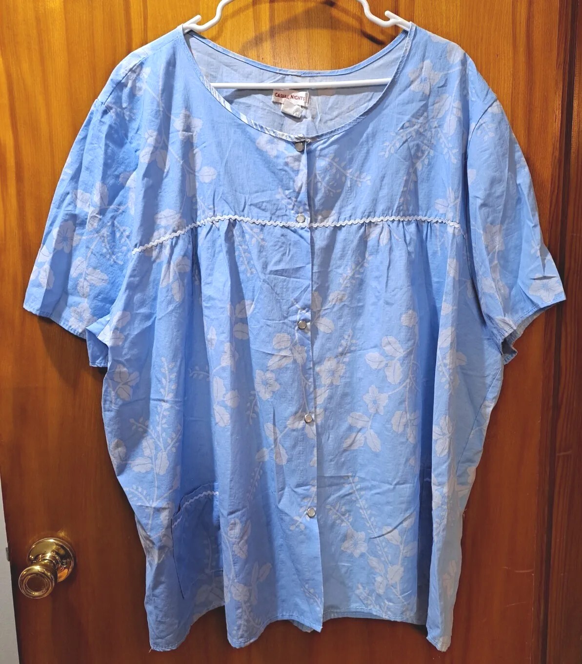 Vintage Womens Pajama Top 4X Light Blue Floral Print Snaps Smock Casual Nights