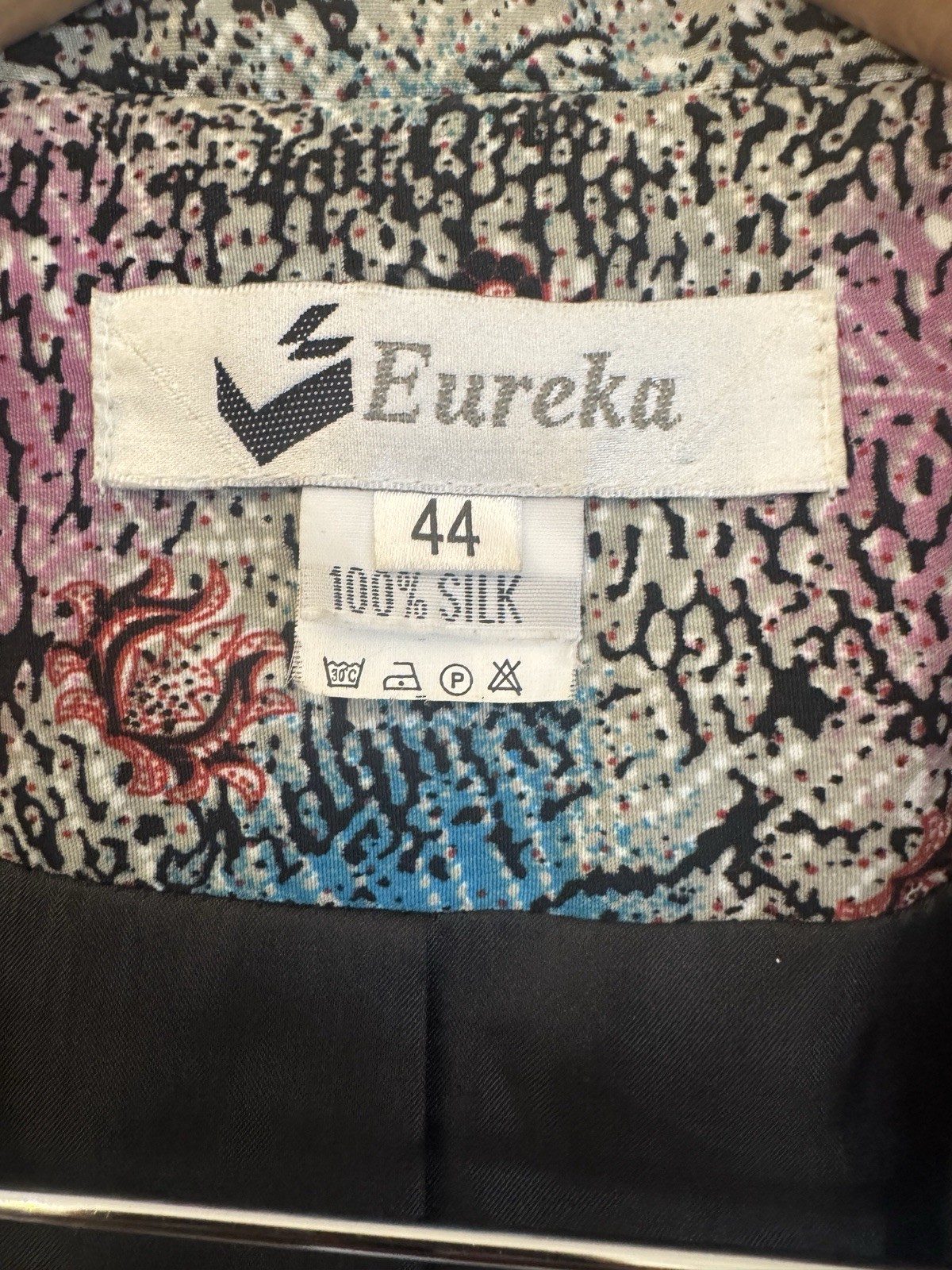 Vtg 80s EUREKA Oversized Floral Blazer Jacket 100% Silk Open Front Pockets 44