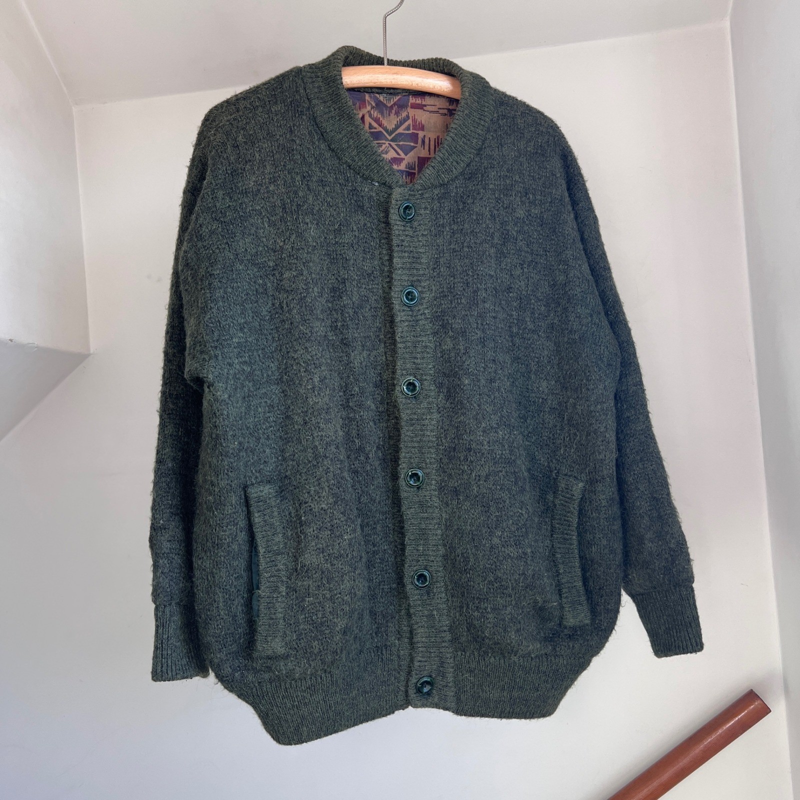 Vintage Cardigan Sweater XL Green Mohair Wool Blend Quilted Lined Oversized
