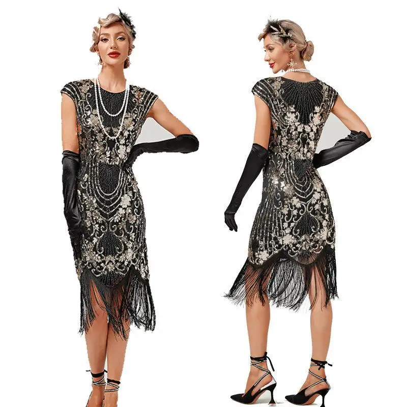 Womens 1920s Vintage Dress Court Trend Double Round Neck Sleeveless Beaded