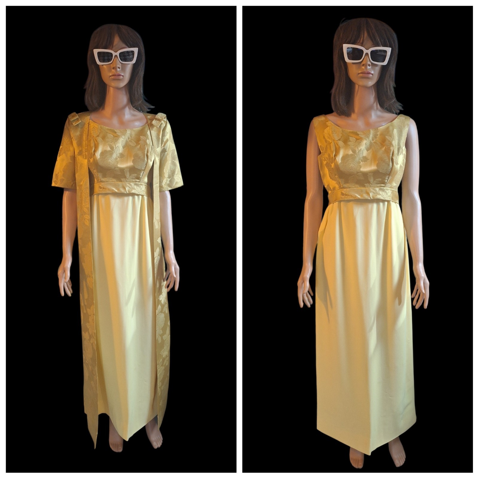True VTG Mid-century MOD 1960s Two-piece Gold Brocade Evening Gown & Long Coat M