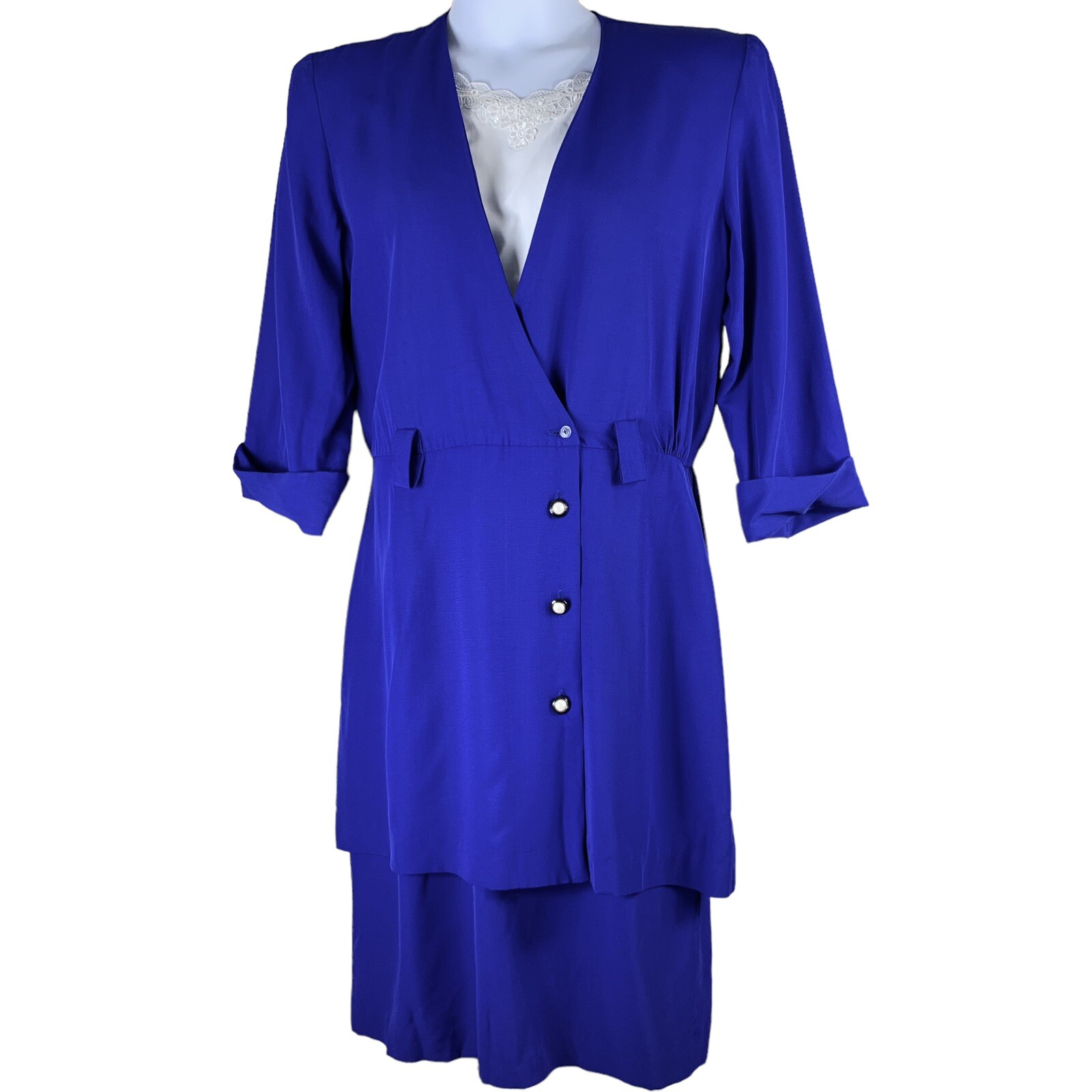 Vintage Dress Studio I Size 14 Blue Long Sleeved Shoulder Pads Button Bottom
