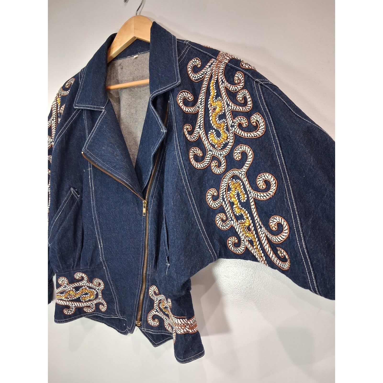 Vintage 80s Denim Moto Jacket Soutache Sequin Paisley Batwing Dark Wash Blue