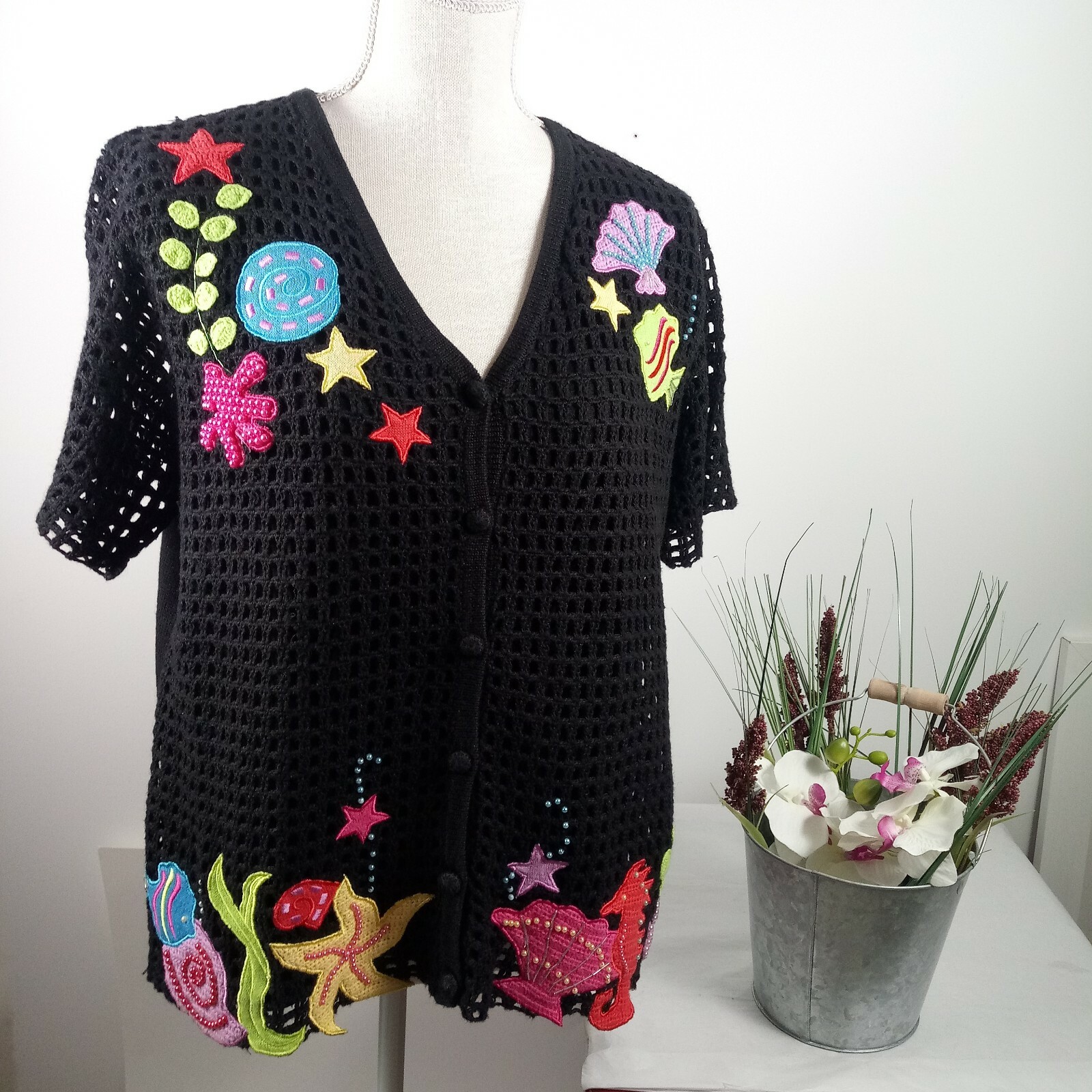 Vintage Hampshire Studio Sweater -Ocean -Short Open Knit Sleeve Medium -Grandma