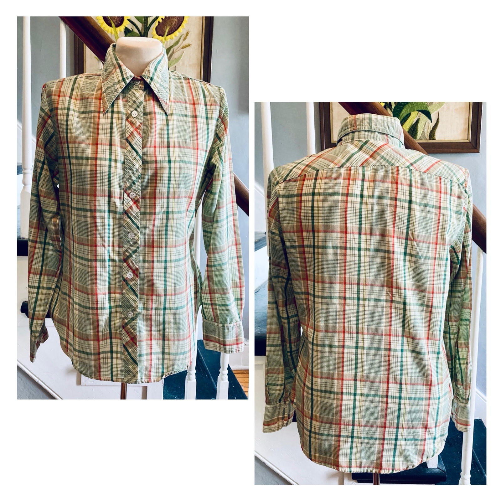 1970s Green Plaid Western Shirt Hippie Cowboy Cowgirl Country Disco Boho