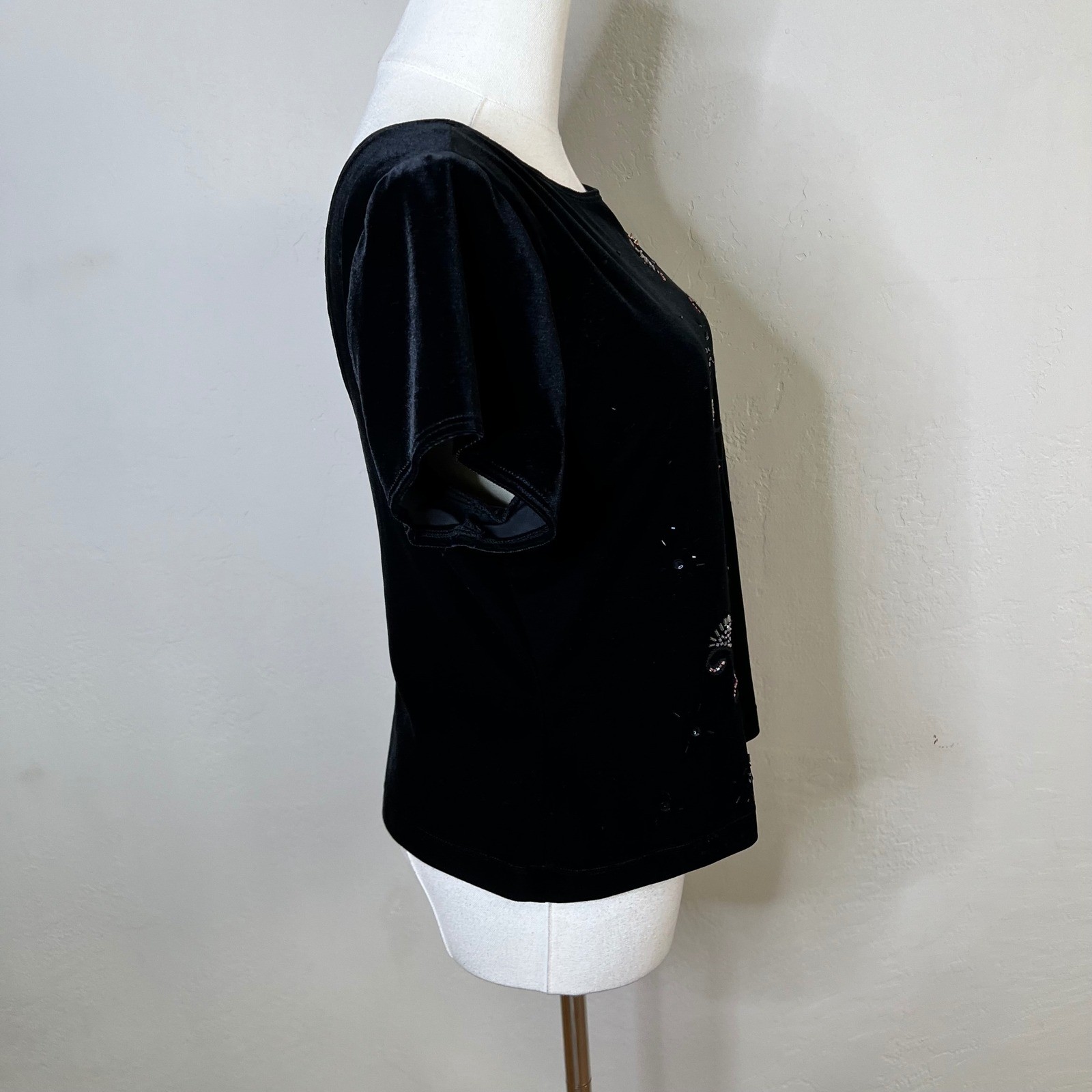 JR Nites by Caliendo Black Velvet Beaded Floral Top Vintage 90s Scoop Back Large