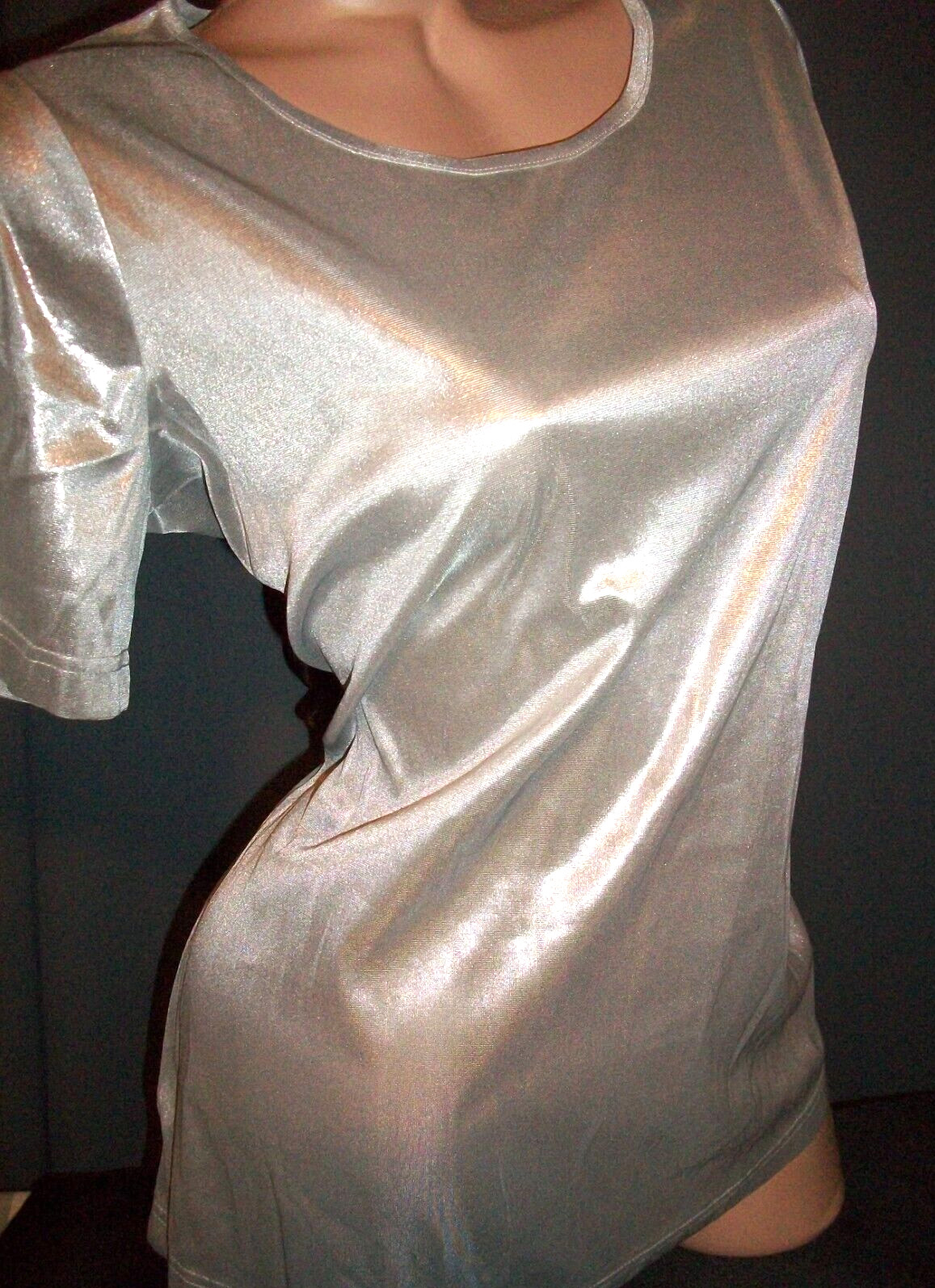 Vtg Silver Metallic Satin Camisole Tunic Top S M