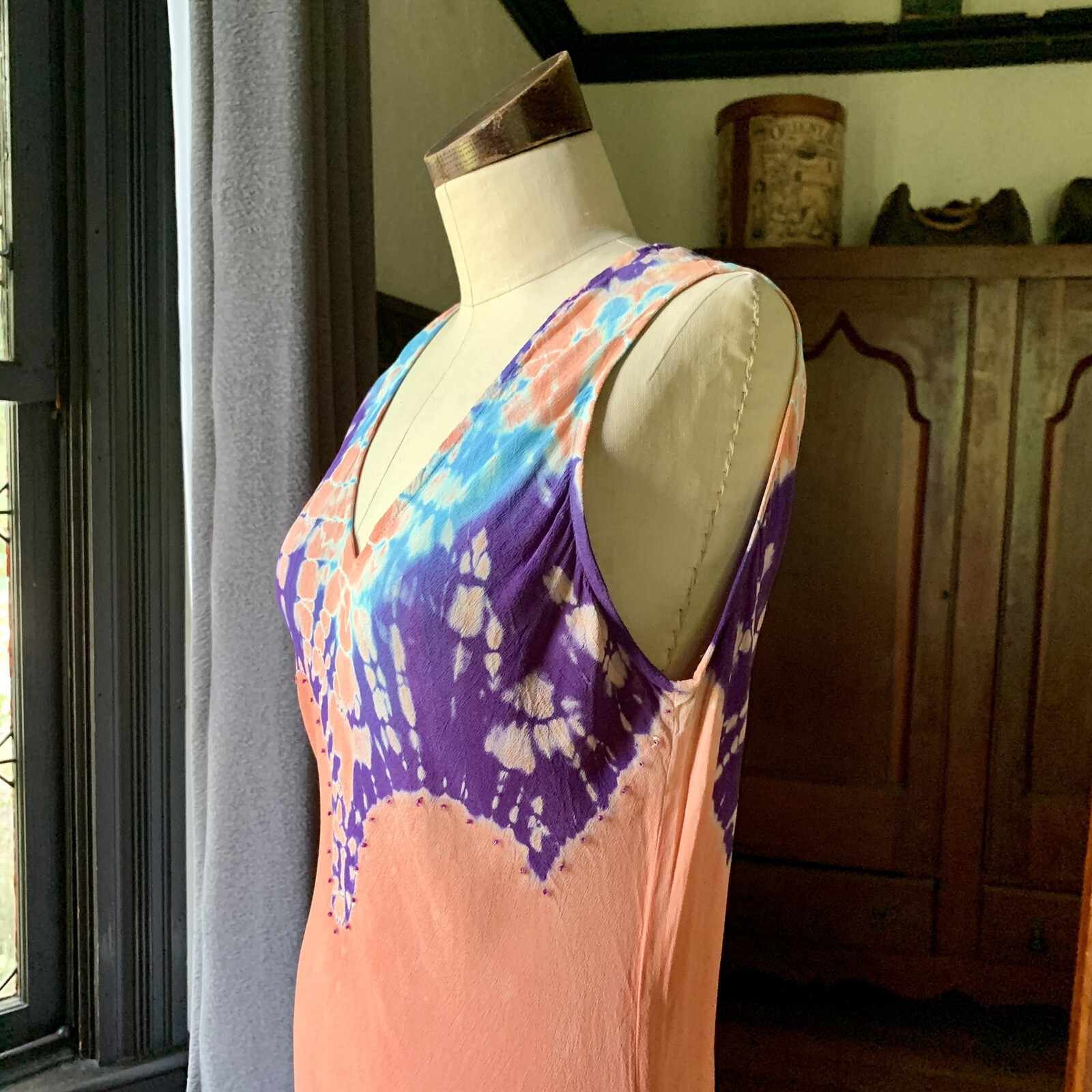 PAPILLON Vintage Rayon Dress India Dyed Beaded Sequin MEDIUM