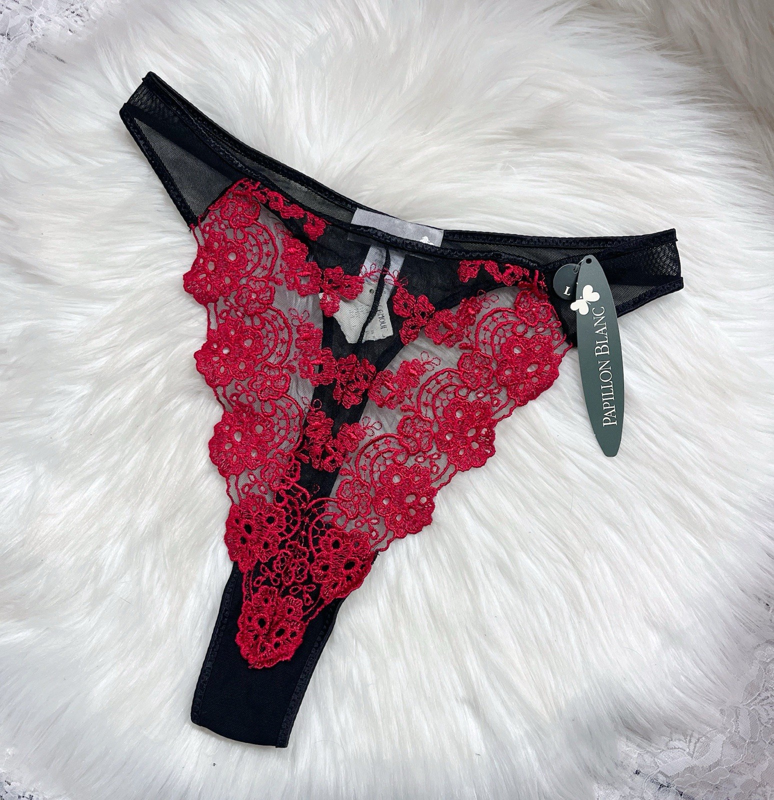 Vintage New With Tags Black & Red Lace High Cut Thong Panties Papillon Blanc L