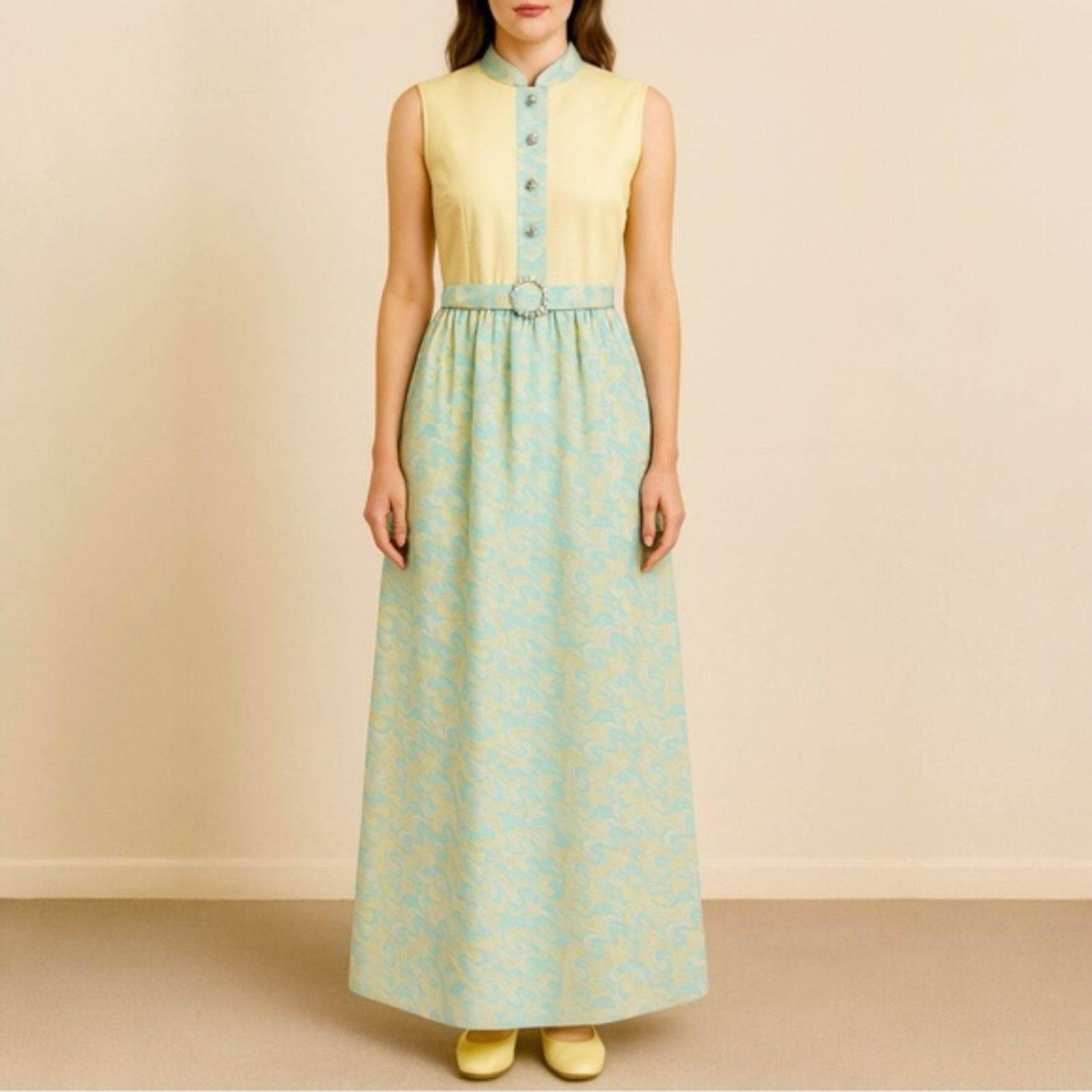 Toni Todd Vintage 60s 70s Dress Pastel Aqua Yellow Mod Evening Gown Modern Sz 6