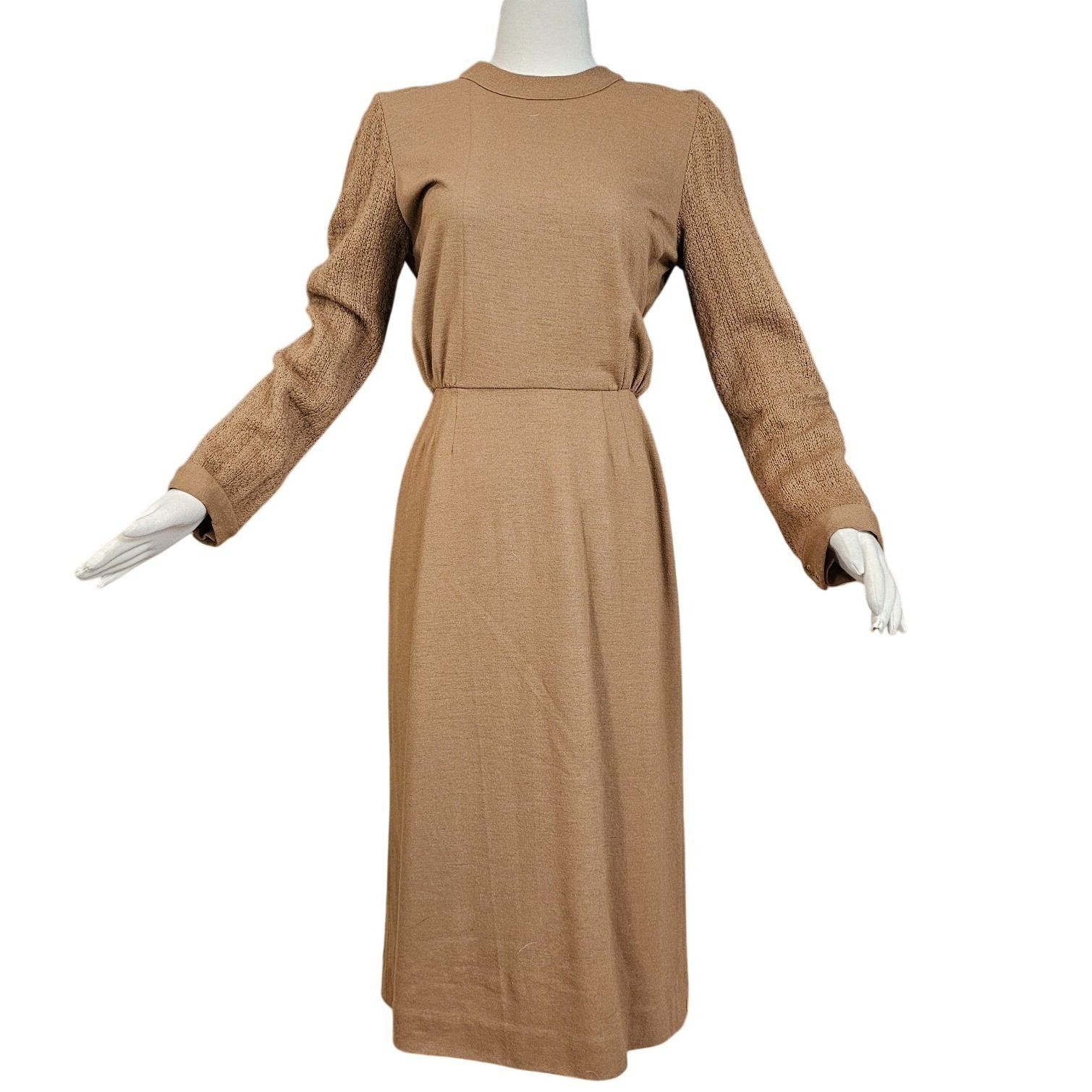 Vintage 1960’s Knit Dress Brown Long Sleeve Fitted Waist Midi Length Retro