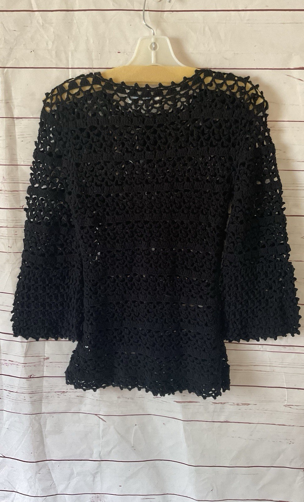 1970s True Vintage Leroy Califorina Black Hippie Crochet Top Bell Sleeve S